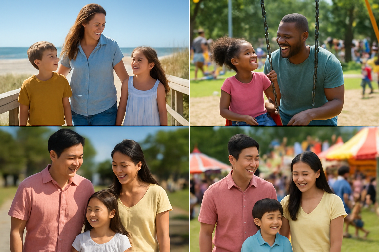 Create a realistic image of a diverse collage-style composition showing multiple outdoor scenarios with families enjoying safe outdoor activities, featuring a white mother with two children at a beach boardwalk, a black father with his daughter at a busy park playground, and an Asian family of four at an outdoor festival or fair, all scenes showing parents actively supervising their children in crowded public spaces, bright daylight lighting with cheerful atmosphere, natural outdoor backgrounds including sand, grass, and festival grounds, parents appearing confident and relaxed while maintaining visual contact with their children, vibrant colors suggesting positive experiences, absolutely NO text should be in the scene.
