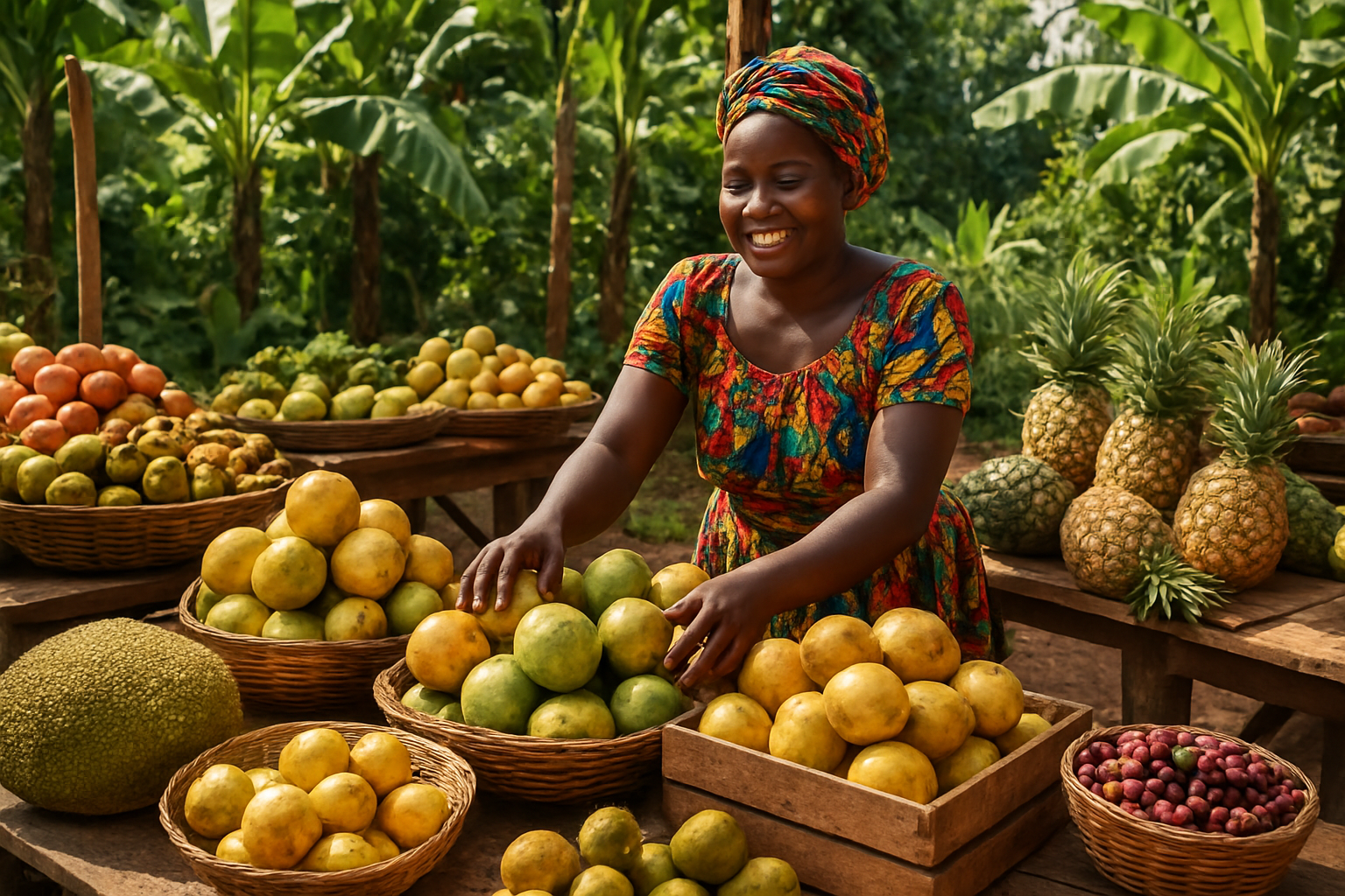 Create a realistic image of a vibrant outdoor farmers market scene in Uganda with wooden tables displaying an abundant variety of colorful local tropical fruits including mangoes, pineapples, passion fruits, jackfruit, and indigenous berries arranged in woven baskets and wooden crates, with a black African female vendor in traditional colorful clothing smiling warmly while arranging the fresh produce, surrounded by lush green banana trees and tropical vegetation in the background under bright natural sunlight creating a welcoming and authentic atmosphere that captures the essence of discovering Uganda's local fruit treasures, absolutely NO text should be in the scene.