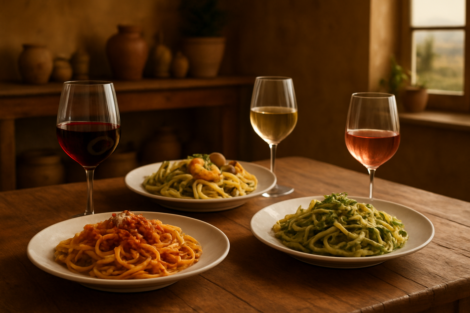 Create a realistic image of an elegant Italian dining table featuring multiple regional wine and pasta pairings arranged side by side, with glasses of different Italian wines (red, white, and rosé) next to corresponding pasta dishes from various Italian regions, including rich Bolognese with red wine, seafood linguine with white wine, and pesto pasta with light wine, set against a rustic Italian kitchen background with warm golden lighting, wooden surfaces, and subtle Italian countryside elements visible through a window, capturing the authentic atmosphere of regional Italian cuisine. Absolutely NO text should be in the scene.