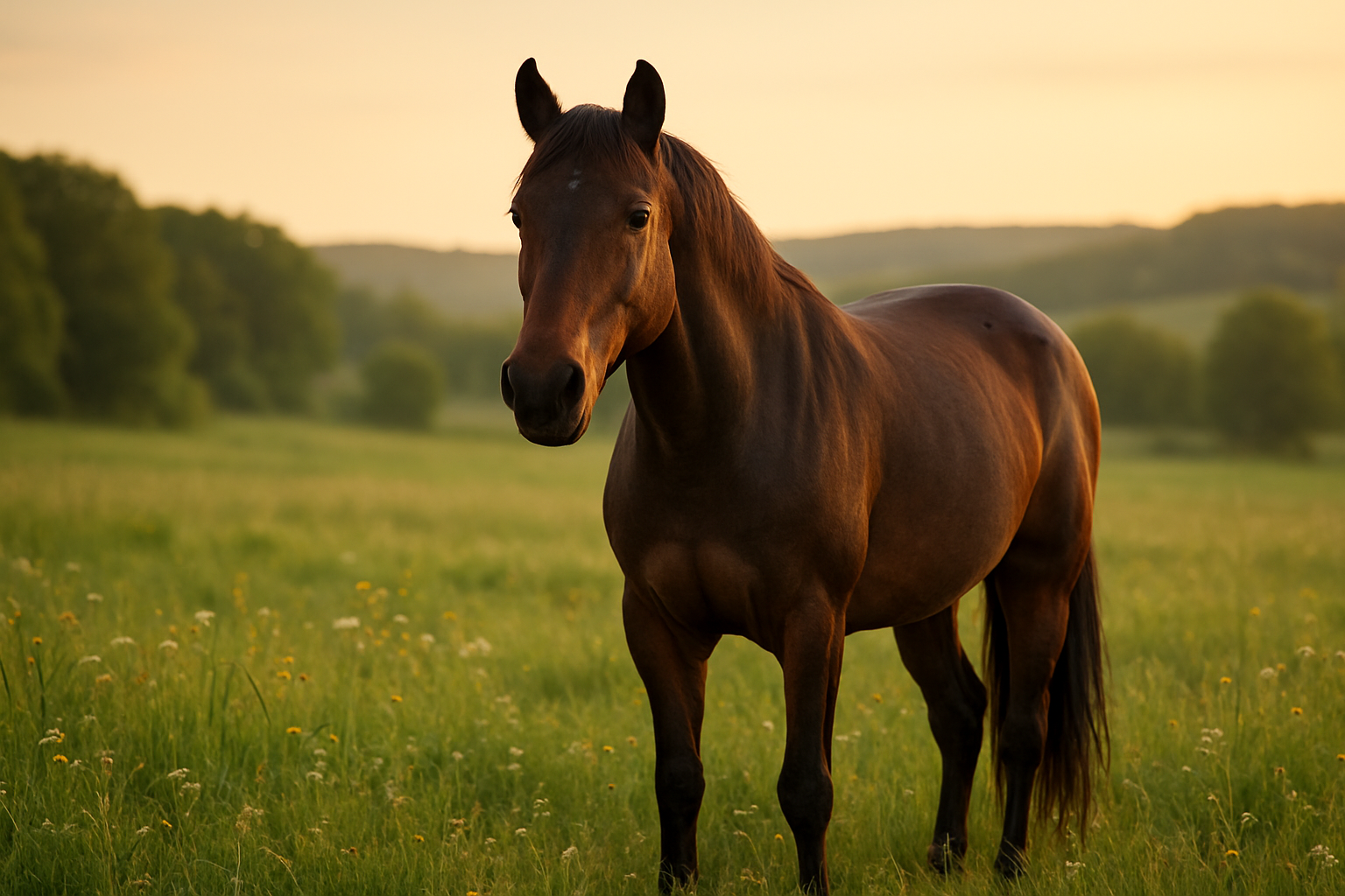 Create a realistic image of a beautiful BK horse displaying calm and gentle temperament, standing peacefully in a natural pasture setting with soft golden hour lighting, the horse's ears forward showing alertness and curiosity, with relaxed body posture and kind eyes, surrounded by green grass and wildflowers, with a serene countryside background featuring rolling hills, the scene capturing the horse's noble and tranquil behavioral traits, warm natural lighting creating a peaceful mood, absolutely NO text should be in the scene.