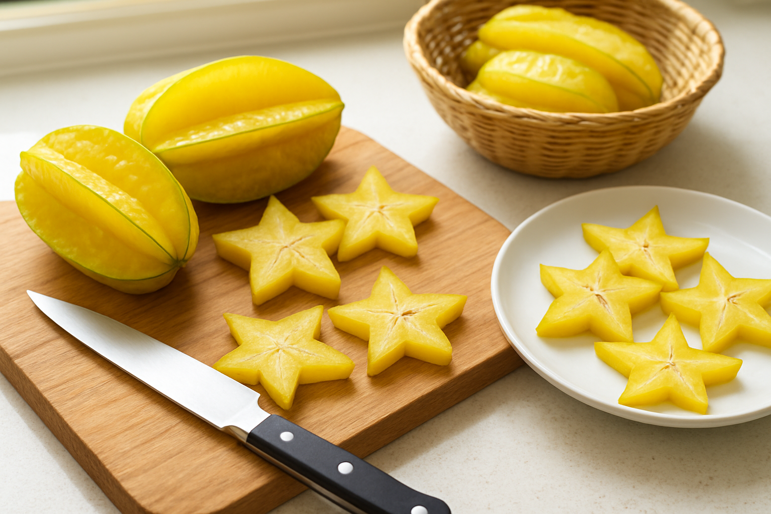 Create a realistic image of fresh starfruit (carambola) being prepared on a wooden cutting board, showing whole yellow star-shaped fruits alongside perfectly sliced star-shaped cross-sections revealing the distinctive five-pointed star pattern, with a sharp kitchen knife nearby, some slices arranged on a white ceramic plate, and a few whole starfruits in a wicker basket in the background, all set on a clean kitchen counter with natural daylight streaming in, creating a bright and fresh culinary preparation scene, absolutely NO text should be in the scene.