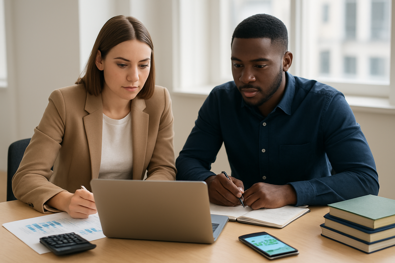 Create a realistic image of a modern workspace scene featuring a diverse group including a white female and black male professional sitting at a clean desk with a laptop, calculator, financial charts, and budgeting notebooks spread out, alongside career development books and a smartphone displaying financial apps, set against a bright office background with natural lighting streaming through windows, conveying a focused and motivated atmosphere for personal growth and financial planning. Absolutely NO text should be in the scene.