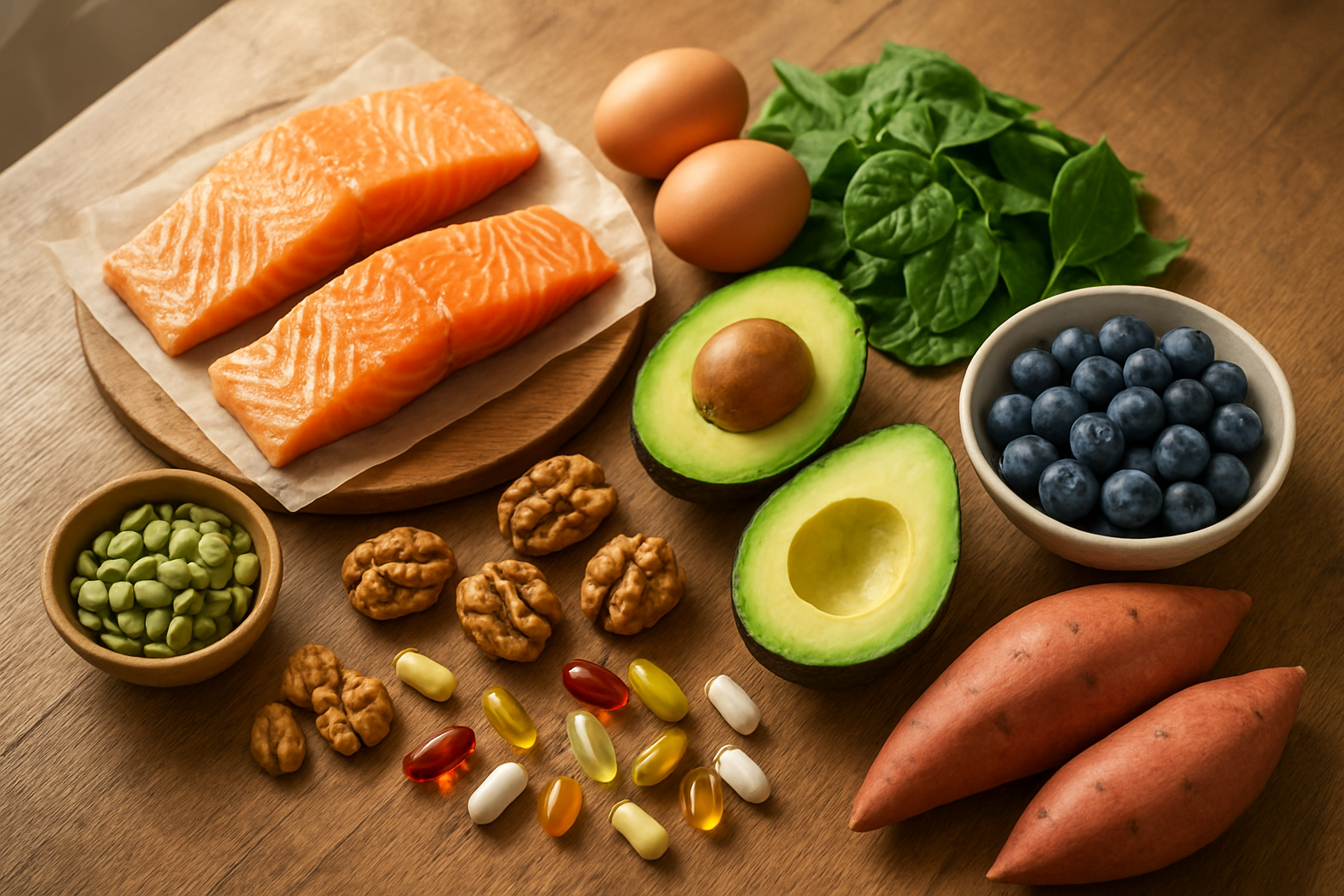 Create a realistic image of a wooden table displaying various nutrient-rich foods arranged in an organized manner including salmon fillets, eggs, spinach leaves, avocado halves, walnuts, pumpkin seeds, sweet potatoes, blueberries, and colorful vitamin supplement capsules scattered nearby, with soft natural lighting from a window creating gentle shadows, shot from above at a slight angle to show the variety of foods clearly, warm and inviting atmosphere suggesting health and nutrition, absolutely NO text should be in the scene.