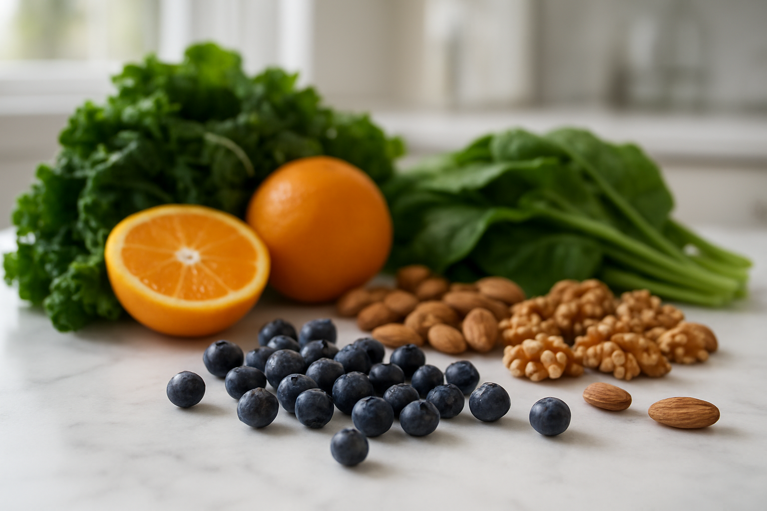 Create a realistic image of fresh juniper berries scattered on a clean white marble surface alongside colorful nutrient-rich foods like leafy green vegetables, nuts, and citrus fruits, with a modern kitchen or laboratory setting in the soft natural lighting from a window, emphasizing the health and wellness theme with vibrant colors and fresh organic appearance, absolutely NO text should be in the scene.