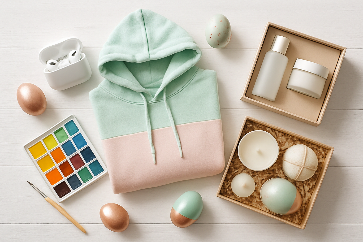 Create a realistic image of a stylish flat lay arrangement on a clean white wooden surface featuring diverse Easter gifts for young adults including wireless earbuds, a trendy pastel-colored hoodie, skincare products in elegant packaging, a spa gift set with candles, art supplies like watercolor paints and brushes, and a few decorated Easter eggs in modern rose gold and mint green colors scattered around the items, with soft natural lighting creating gentle shadows and a fresh spring atmosphere, absolutely NO text should be in the scene.