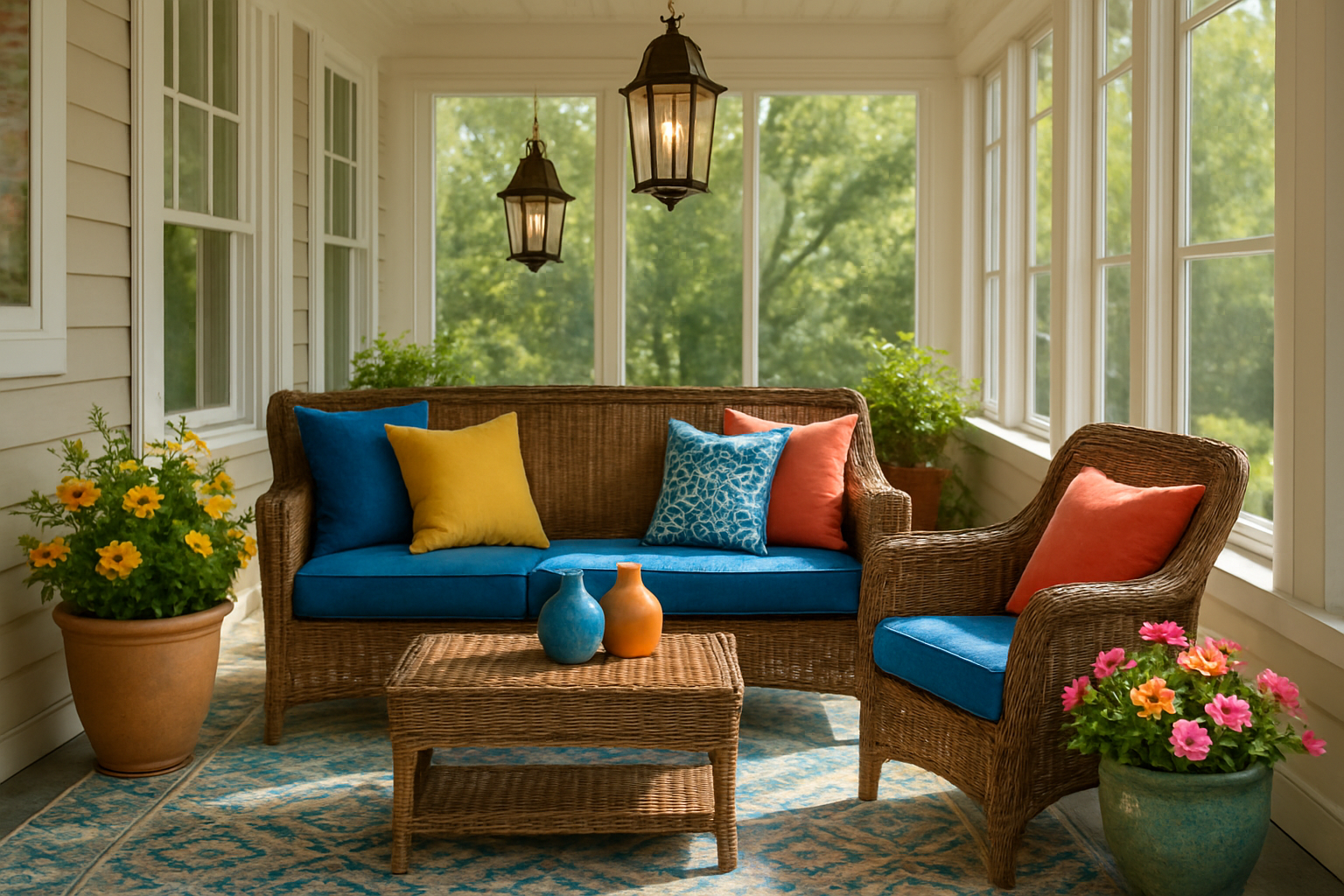 Create a realistic image of a welcoming porch interior featuring vibrant colored throw pillows in blues, yellows, and coral arranged on wicker furniture, decorative lanterns hanging from the ceiling, potted plants with colorful flowers, a patterned outdoor rug, and colorful ceramic vases as accent pieces, with natural daylight streaming through large windows creating a warm and inviting atmosphere, absolutely NO text should be in the scene.