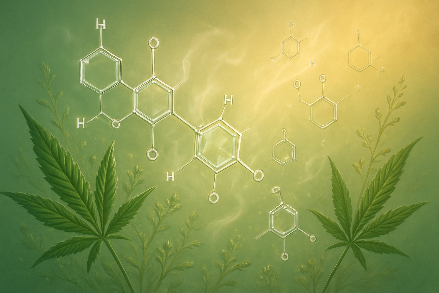Create a realistic image of a detailed scientific illustration showing cannabis terpene molecules floating in a luminous, ethereal environment with crystalline molecular structures prominently displayed, surrounded by fresh cannabis leaves and delicate botanical elements, set against a soft gradient background transitioning from pale green to golden yellow, with warm natural lighting that highlights the intricate details of the molecular bonds and creates a sense of discovery and scientific understanding, complemented by subtle aromatic vapor wisps suggesting the sweet, uplifting qualities of the terpene, absolutely NO text should be in the scene.