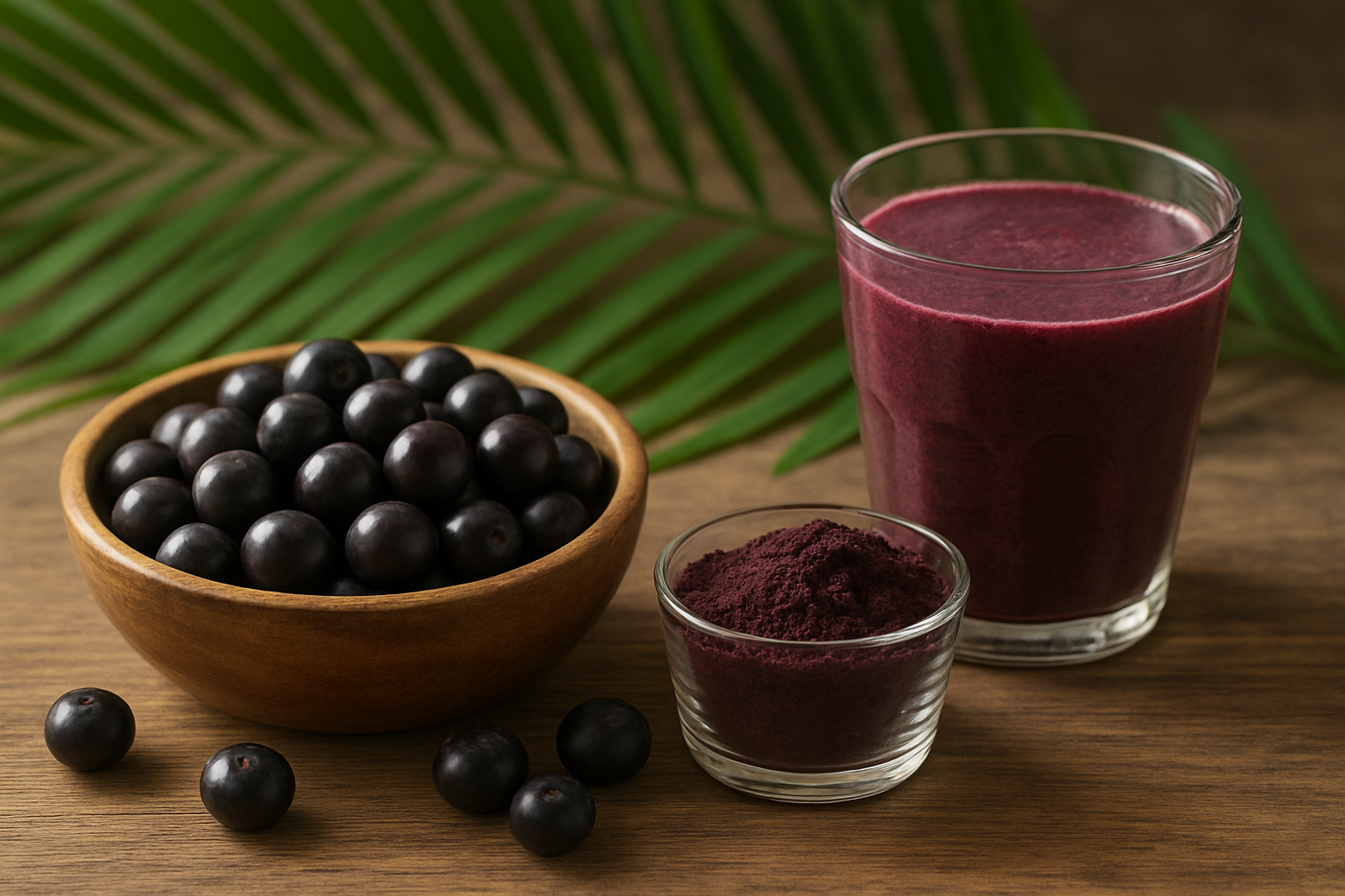 Create a realistic image of fresh acai berries in a wooden bowl alongside acai powder in a small glass container and acai smoothie in a clear glass, arranged on a natural wooden table with tropical palm leaves as background decoration, soft natural lighting creating a warm and healthy atmosphere, emphasizing the various forms of acai consumption from raw berries to processed products, absolutely NO text should be in the scene.