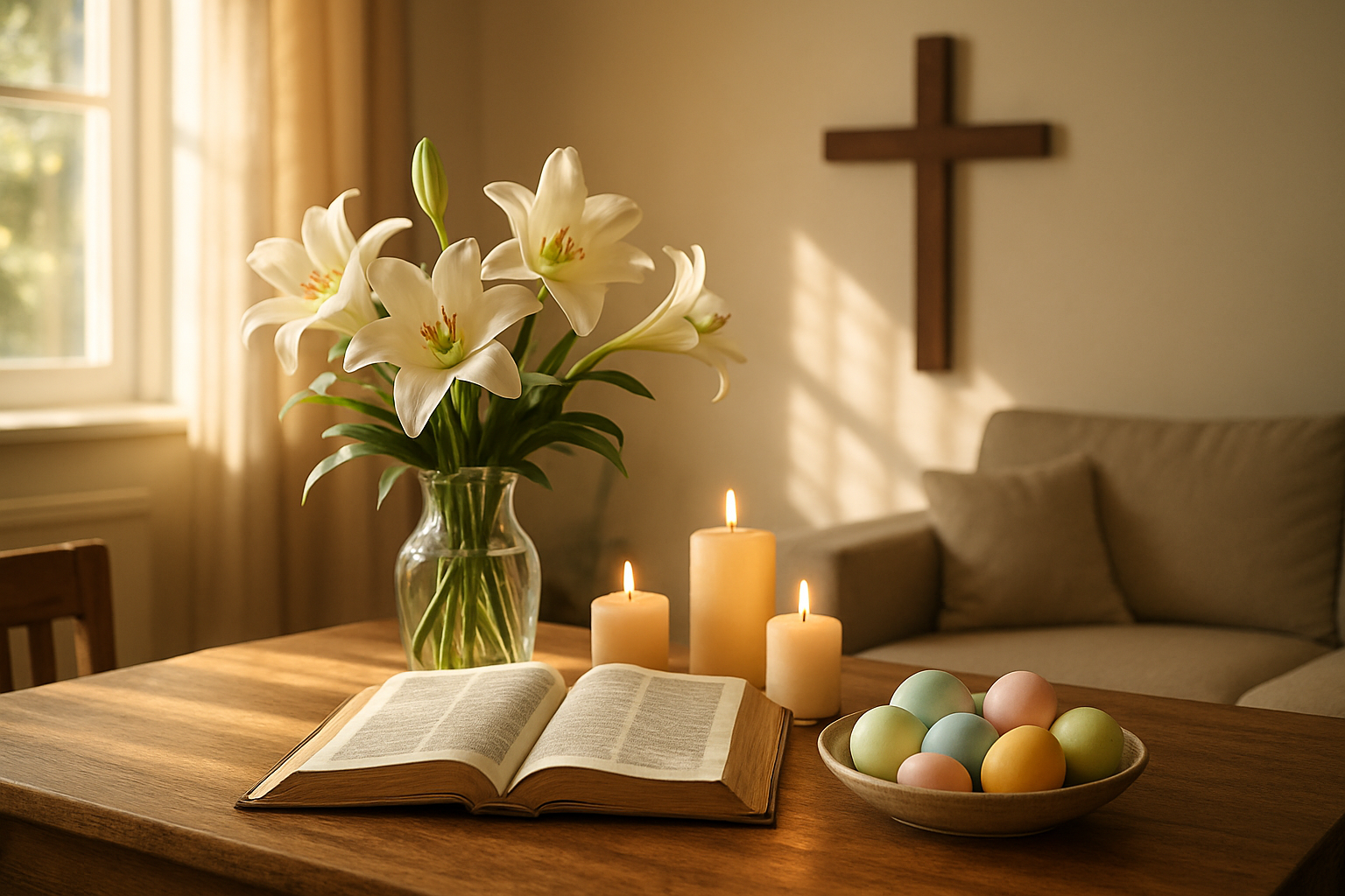 Create a realistic image of a beautifully decorated Christian home interior during Easter celebration, featuring a wooden dining table with an open Bible as the centerpiece surrounded by fresh white lilies, painted Easter eggs in pastel colors, and lit candles, with a wooden cross prominently displayed on the wall in the background, warm golden sunlight streaming through windows creating a peaceful and sacred atmosphere, soft shadows casting gentle patterns across the scene, conveying joy, faith, and family togetherness in a cozy living space with neutral-toned furniture and walls. Absolutely NO text should be in the scene.