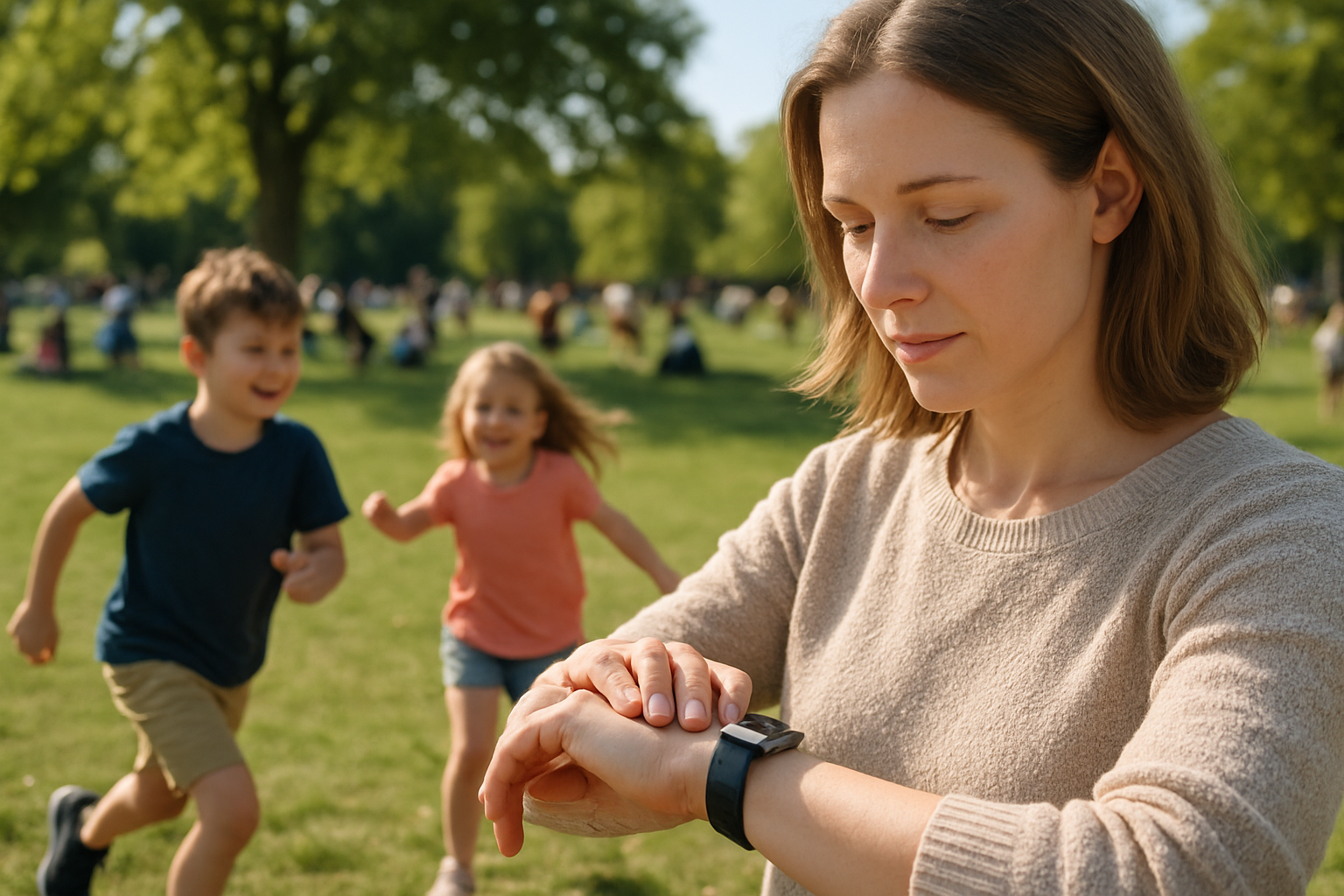 Create a realistic image of a white female parent checking a GPS tracking device or smartwatch on her wrist while her two children (one white boy, one white girl) play actively in the background at a busy outdoor park, with the device showing battery indicator and range symbols on its display screen, bright sunny daylight illuminating the scene with families and other children visible in the blurred background, conveying a sense of active outdoor family life and safety monitoring technology, absolutely NO text should be in the scene.