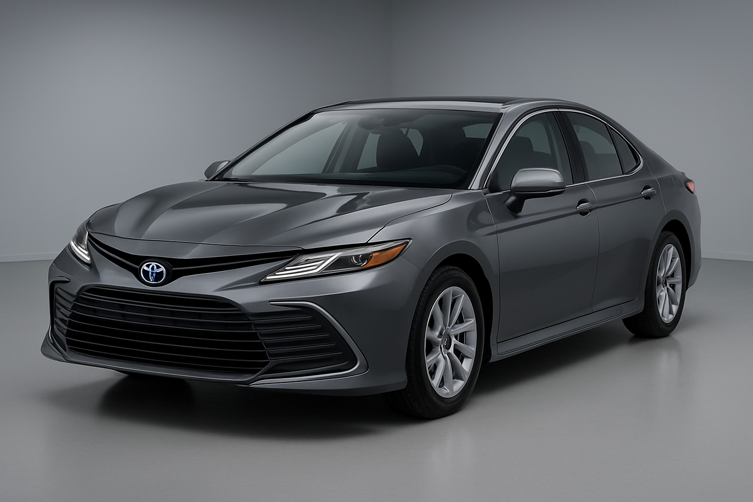 Create a realistic image of a sleek 2025 Toyota Camry Hybrid sedan positioned at a three-quarter front angle showcasing its modern exterior design, featuring aerodynamic body lines, sculpted hood, distinctive LED headlights, refined front grille, and streamlined side profile with emphasis on wind-cutting design elements, set against a clean modern automotive studio background with professional lighting that highlights the car's curves and aerodynamic features, absolutely NO text should be in the scene.