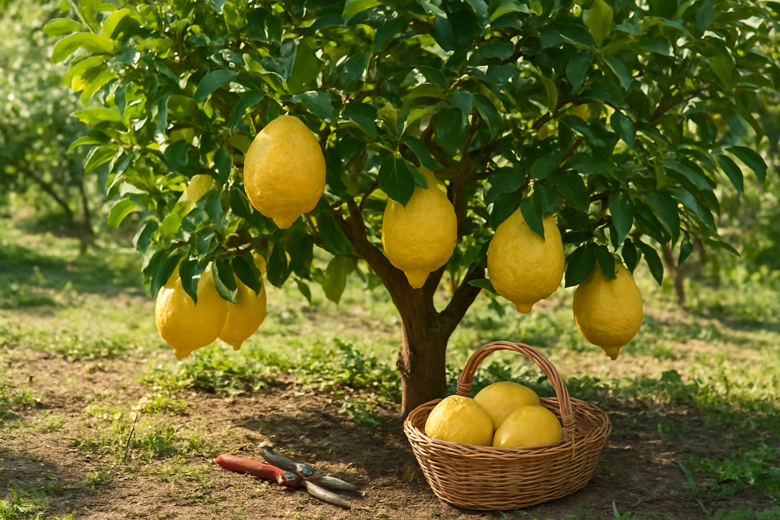 Create a realistic image of a mature citron tree growing in a sunny garden or orchard setting, with large yellow citron fruits hanging from the branches, surrounded by lush green foliage, with gardening tools like pruning shears and a harvest basket placed nearby on the ground, under natural daylight with soft shadows cast by the tree, absolutely NO text should be in the scene.