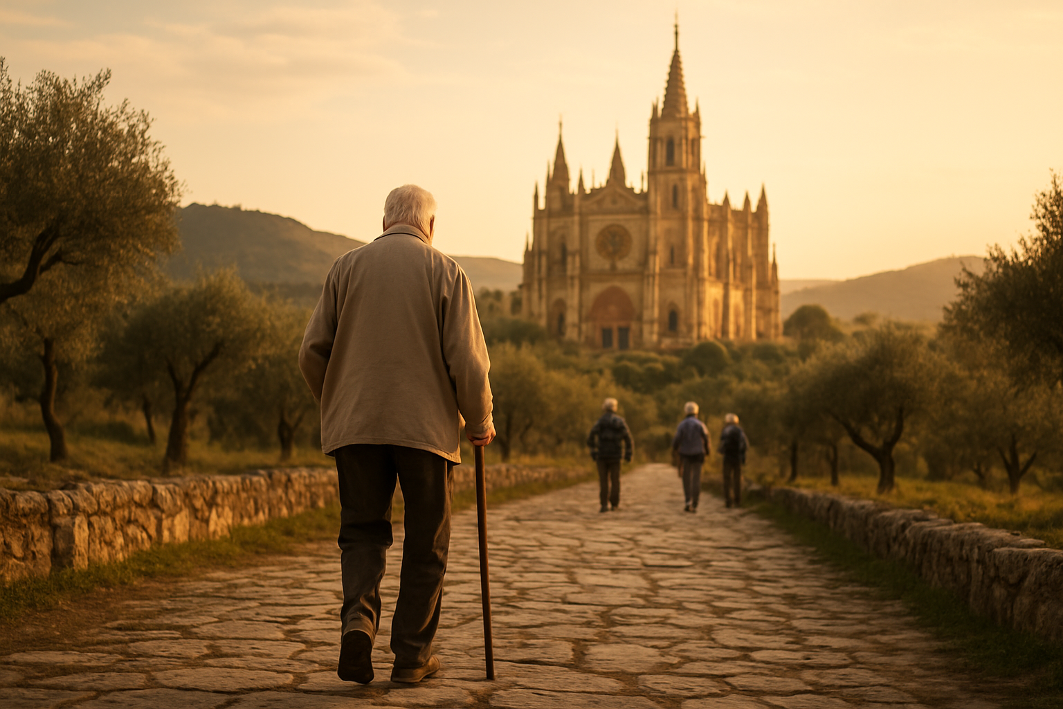 Create a realistic image of an elderly white male with gray hair walking with a wooden walking stick on an ancient stone pathway leading to a majestic cathedral or basilica with tall spires and ornate architecture, surrounded by rolling hills and olive trees under golden hour lighting, with other elderly pilgrims visible in the distance carrying small backpacks, creating a peaceful and contemplative atmosphere that conveys spiritual journey and devotion, absolutely NO text should be in the scene.