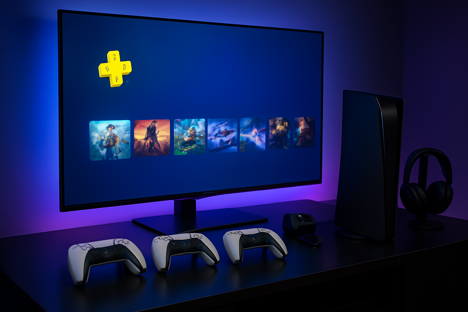 Create a realistic image of a modern gaming setup with a black PlayStation 5 console prominently displayed on a sleek entertainment center, multiple DualSense controllers arranged nearby, a large 4K TV screen showing the PlayStation Plus interface with game thumbnails visible, soft blue and purple ambient lighting from LED strips behind the TV creating a premium gaming atmosphere, dark room setting with subtle reflections on glossy surfaces, and gaming accessories like a headset and charging dock completing the scene, absolutely NO text should be in the scene.
