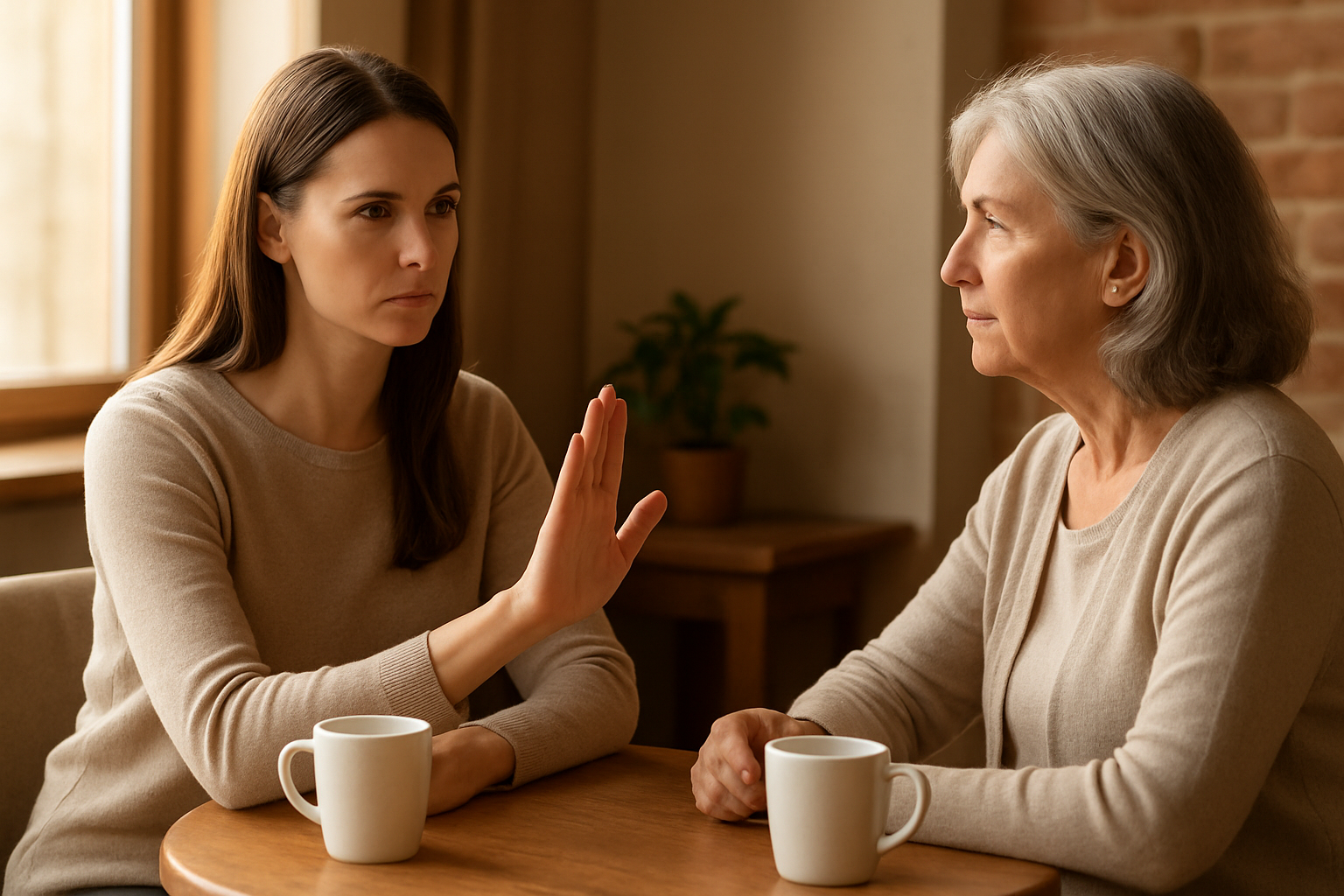 Create a realistic image of a white female in her 30s sitting confidently at a small table across from an older white female in her 60s, with the younger woman's hand positioned in a gentle but firm "stop" gesture, symbolizing boundary-setting, in a calm coffee shop or living room setting with warm natural lighting streaming through a window, creating a peaceful yet serious atmosphere that conveys respectful but assertive communication between two generations, with neutral expressions showing determination and understanding, absolutely NO text should be in the scene.