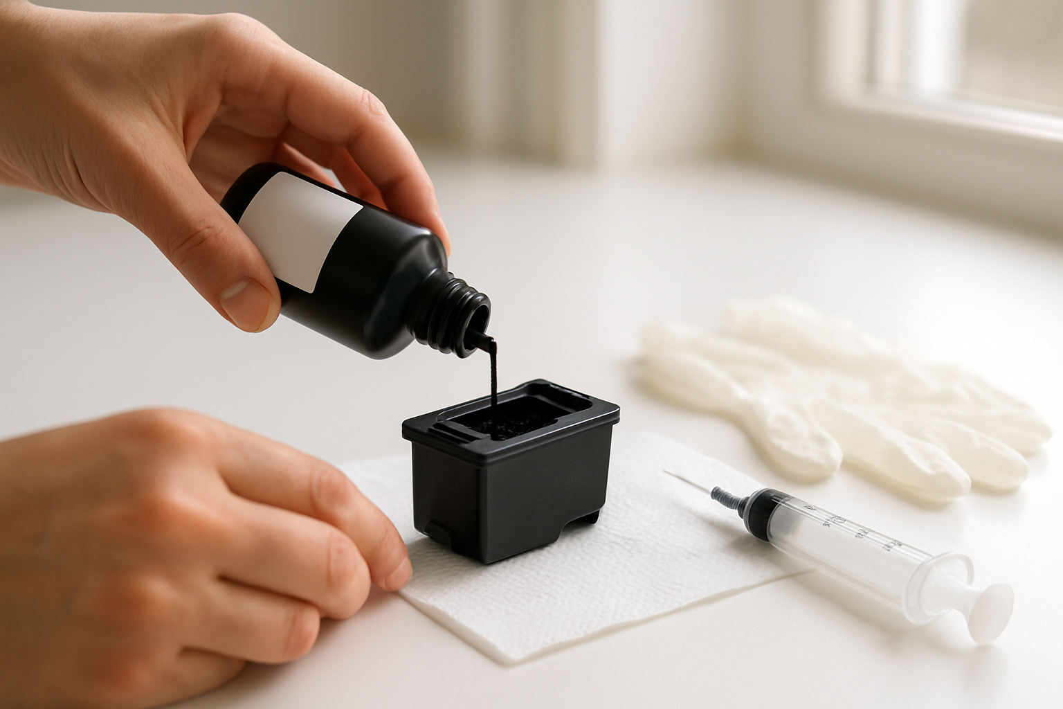 Create a realistic image of hands carefully pouring black ink from a small refill bottle into an open HP printer ink cartridge on a clean white desk surface, with the cartridge positioned over a protective cloth or paper towel, surrounded by refill tools like syringes and gloves, in bright natural lighting from a nearby window, showing the precise moment of ink being transferred into the cartridge reservoir. Absolutely NO text should be in the scene.