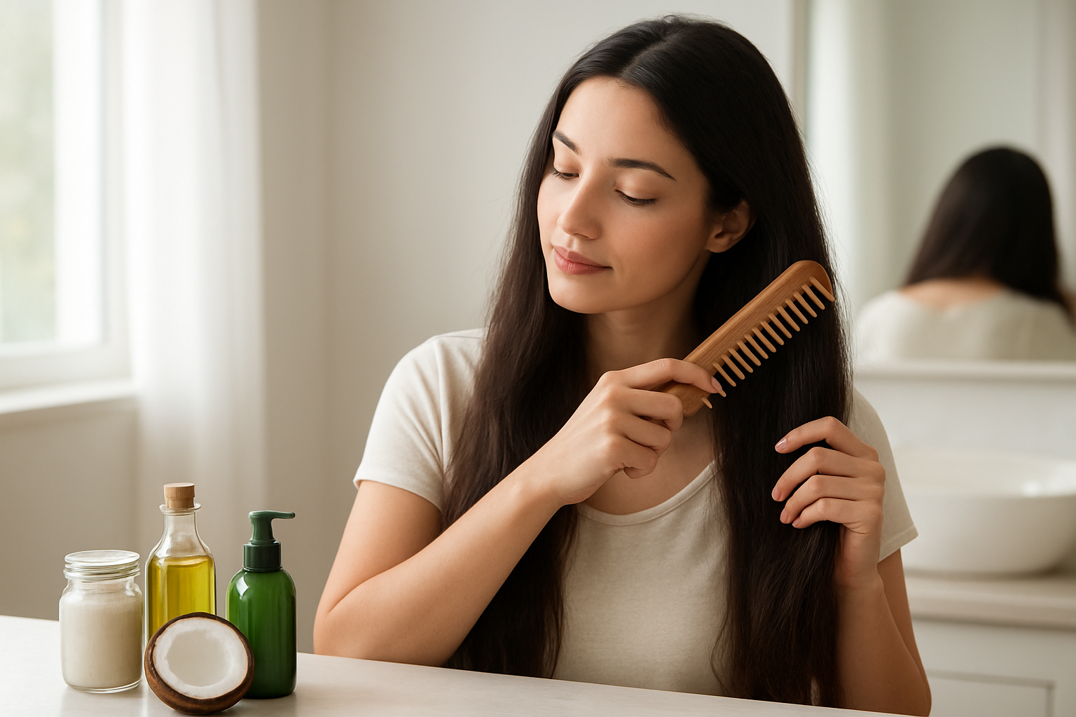 Create a realistic image of a woman with long dark hair gently brushing her hair with a wide-toothed wooden comb, sitting in front of a bathroom mirror with soft natural lighting from a window, surrounded by natural hair care products like coconut oil bottles and herbal shampoos on a clean white countertop, with a calm and peaceful atmosphere suggesting gentle hair care routine, absolutely NO text should be in the scene.
