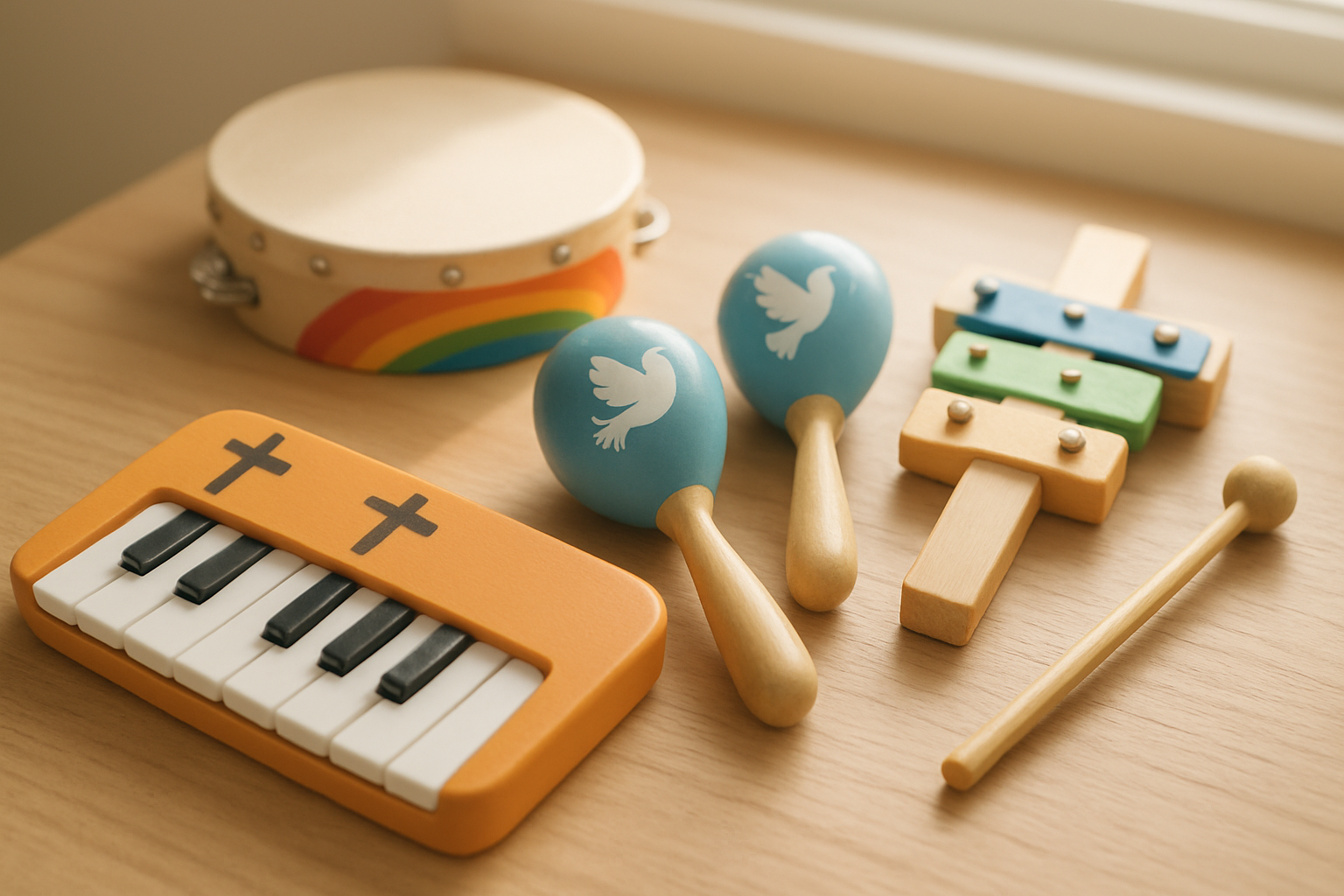 Create a realistic image of colorful children's musical instruments with Christian themes arranged on a soft wooden surface, including a small keyboard with cross symbols, maracas with dove designs, a tambourine with rainbow colors, and a simple wooden cross-shaped xylophone, surrounded by soft natural lighting from a window, creating a warm and inviting atmosphere that suggests peaceful worship and musical play for toddlers, absolutely NO text should be in the scene.