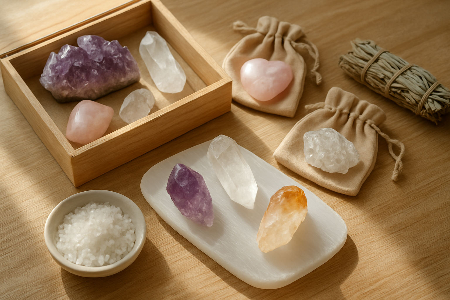 Create a realistic image of a beautifully organized crystal collection displayed on a natural wooden surface, featuring various crystals including amethyst, rose quartz, clear quartz, and citrine arranged in elegant wooden boxes and soft velvet pouches, with some crystals placed on a white selenite charging plate, gentle natural sunlight streaming through a nearby window casting soft shadows, creating a peaceful and harmonious atmosphere that conveys proper crystal care and storage, with dried sage bundles and a small bowl of sea salt nearby suggesting cleansing rituals, all elements arranged in perfect harmony showing a well-maintained and lovingly cared for crystal collection, absolutely NO text should be in the scene.