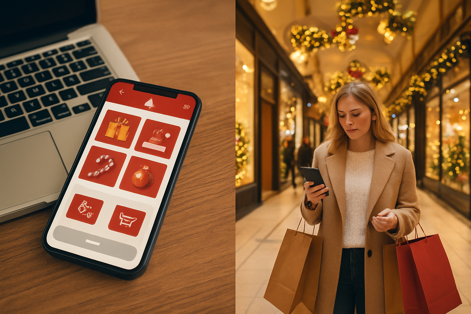 Create a realistic image of a split-screen composition showing different smart shopping locations: on the left side, a modern smartphone displaying an online shopping app with Christmas gift categories and deals, placed on a wooden desk with a laptop in the background; on the right side, a bustling shopping mall interior with storefronts decorated with Christmas lights and holiday displays, showing a white female shopper comparing prices on her phone while walking through the corridor, warm ambient lighting throughout the scene, festive Christmas decorations hanging from the ceiling, shopping bags visible, creating an atmosphere of efficient and strategic holiday shopping, absolutely NO text should be in the scene.