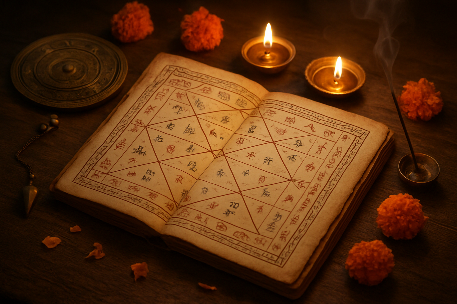 உச்சம் vs நீச்சம்: எது உங்கள் வாழ்க்கையை மாற்றும்? Create a realistic image of an ancient Indian astrology chart or horoscope (kundali) spread open on a wooden table, with intricate Sanskrit symbols and planetary positions marked in different colored inks, surrounded by traditional brass divination tools, oil lamps casting warm golden light, and decorative elements like marigold flowers and incense creating a mystical atmosphere, with soft shadows and warm lighting emphasizing the sacred nature of astrological reading, absolutely NO text should be in the scene.