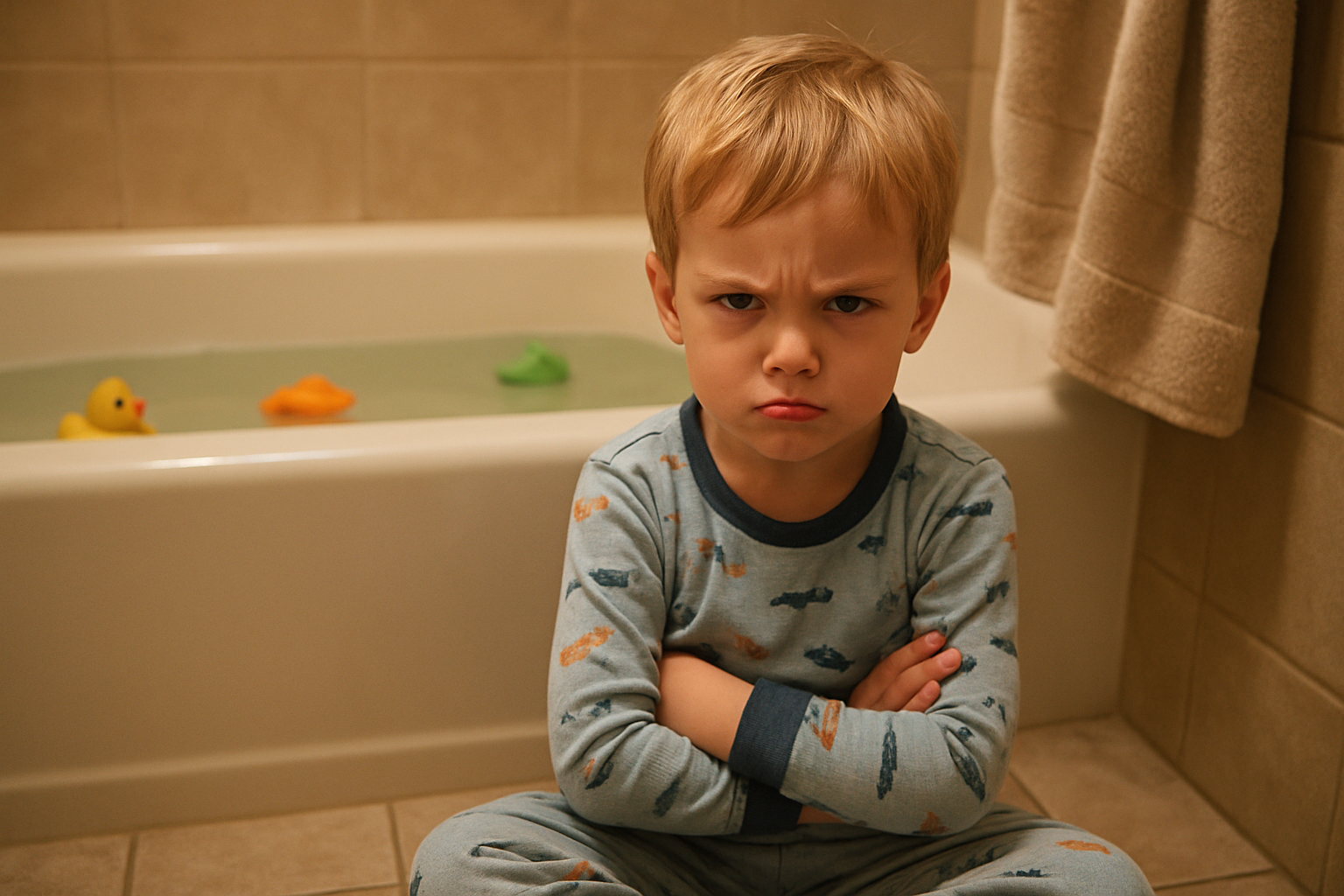 Create a realistic image of a young white child, around 4-5 years old, sitting on a bathroom floor with arms crossed and a pouty, defiant expression, wearing pajamas, while a bathtub filled with warm water and bath toys is visible in the background, soft bathroom lighting creates a warm domestic atmosphere, towels hanging nearby, the scene captures the moment of bath time resistance with the child clearly unwilling to get in the tub, absolutely NO text should be in the scene.