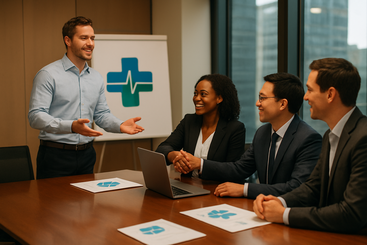 Create a realistic image of a diverse group of business professionals in a modern conference room, featuring a white male healthcare startup founder presenting to potential investors including a black female venture capitalist and an Asian male partner representative, with branded healthcare startup materials and laptops on a polished table, warm professional lighting, handshakes occurring between parties, modern office setting with large windows showing city view, conveying successful business partnership negotiations, absolutely NO text should be in the scene.