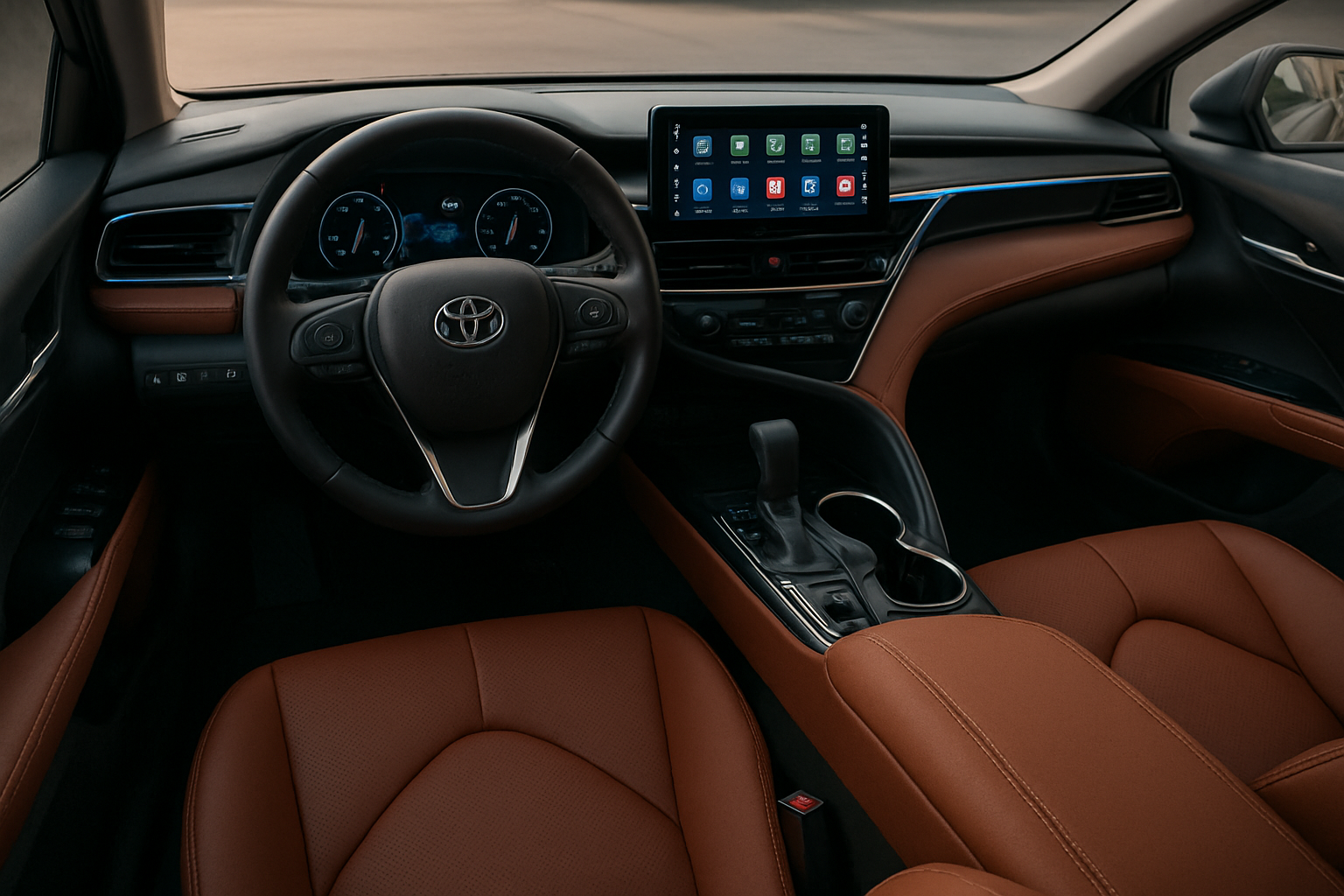 Create a realistic image of the interior dashboard and cabin of a 2025 Toyota Camry showcasing modern technology features, including a large touchscreen infotainment display, digital instrument cluster, premium upholstered seats with detailed stitching, ambient LED lighting, steering wheel with integrated controls, center console with wireless charging pad, air conditioning vents, and various control buttons and knobs, captured from the driver's perspective in soft natural lighting that highlights the materials and finishes, absolutely NO text should be in the scene.