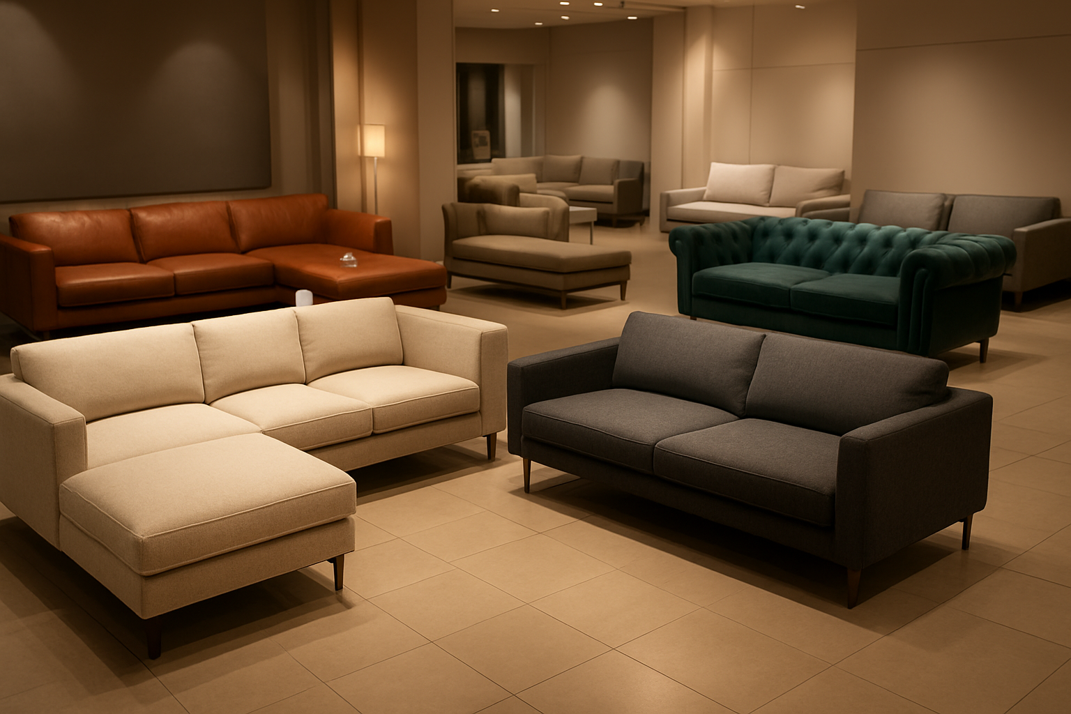 Create a realistic image of a modern furniture showroom displaying various types of sofas and couches available for custom tailoring, featuring different sofa styles including L-shaped sectionals, traditional three-seater sofas, modern minimalist designs, and luxurious tufted couches in various fabric options like leather, velvet, and linen, with elegant price tags showing competitive pricing, arranged in a well-lit showroom with warm ambient lighting, polished floors, and a professional interior design setting that conveys quality craftsmanship and affordable luxury, absolutely NO text should be in the scene.