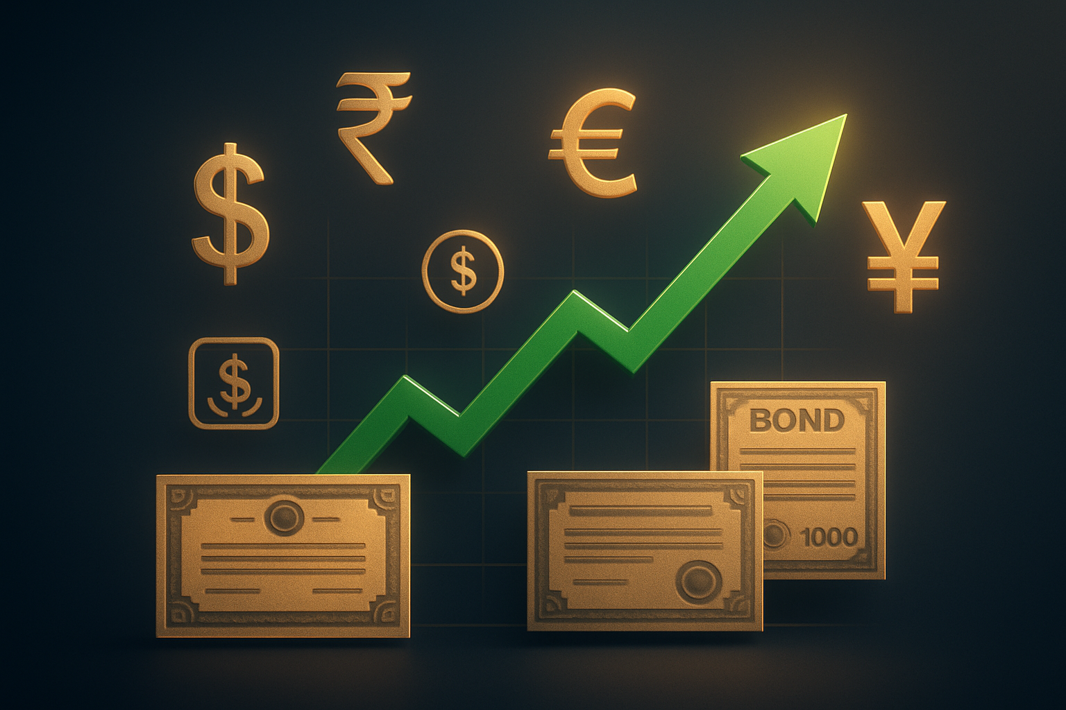 Create a realistic image of an upward trending financial growth chart with green ascending arrows, surrounded by floating international currency symbols (dollar, rupee, euro, yen), dividend payment icons, and investment portfolio elements like stock certificates and bonds, set against a sophisticated dark blue gradient background with soft golden lighting that conveys prosperity and long-term financial success, absolutely NO text should be in the scene.