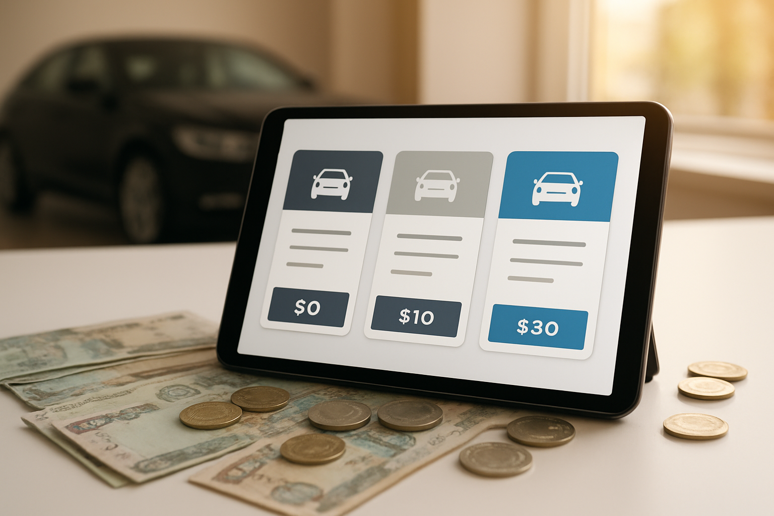 Create a realistic image of multiple price comparison cards or pricing tiers displayed on a modern tablet or smartphone screen, showing different transportation package options with varying costs, surrounded by UAE dirham currency notes and coins scattered on a clean white desk surface, with a luxury sedan car visible blurred in the background through a window, warm natural lighting creating a professional business atmosphere, shot from a slightly elevated angle to show the pricing details clearly, absolutely NO text should be in the scene.