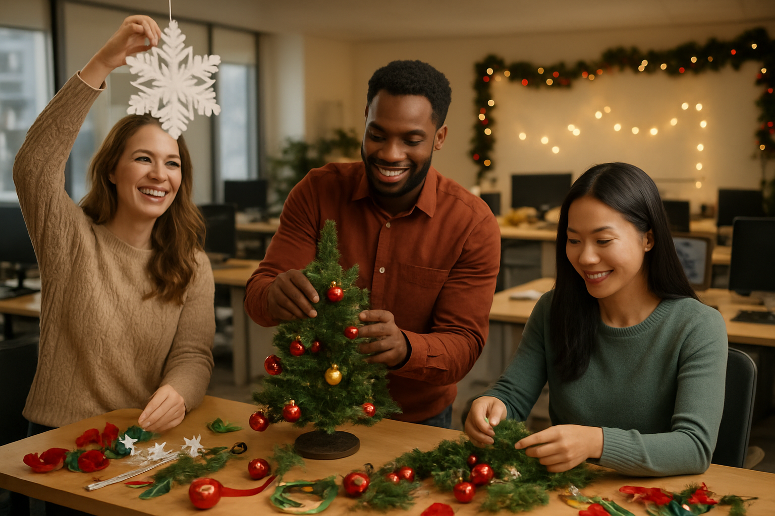 Create a realistic image of a diverse group of office colleagues collaborating on Christmas decorating projects in a modern workplace, including a white female hanging paper snowflakes, a black male arranging ornaments on a small office Christmas tree, and an Asian female creating a holiday garland, with desks and computers visible in the background, warm indoor lighting creating a cozy festive atmosphere, colorful Christmas decorations and craft supplies scattered on tables, everyone smiling and engaged in the creative activities, absolutely NO text should be in the scene.