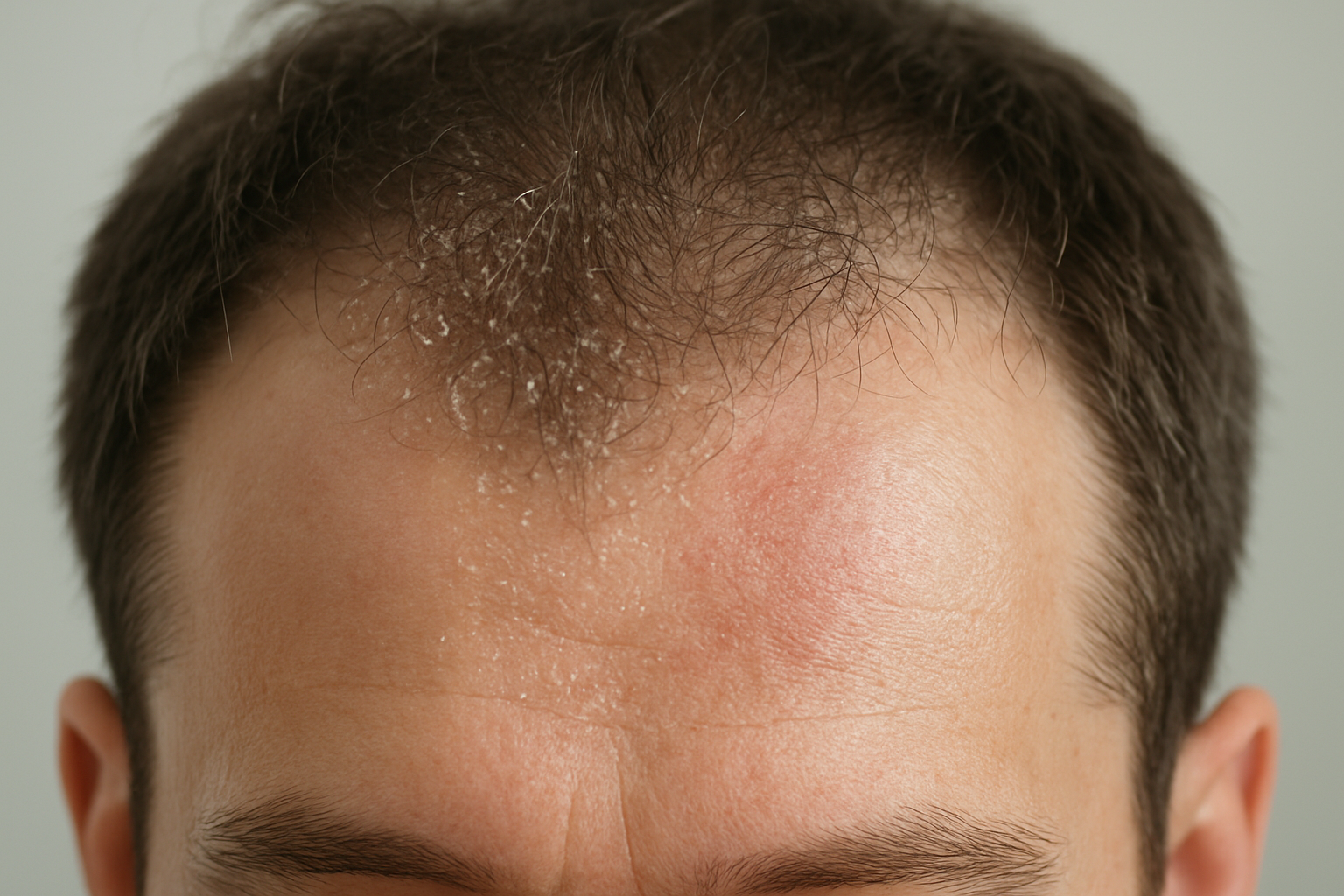 Create a realistic image of a close-up view showing different scalp conditions on a white male's head, with sections displaying healthy scalp, dandruff flakes, dry irritated patches, and oily areas, captured under soft natural lighting that clearly reveals the various scalp textures and conditions, with a clean neutral background, absolutely NO text should be in the scene.