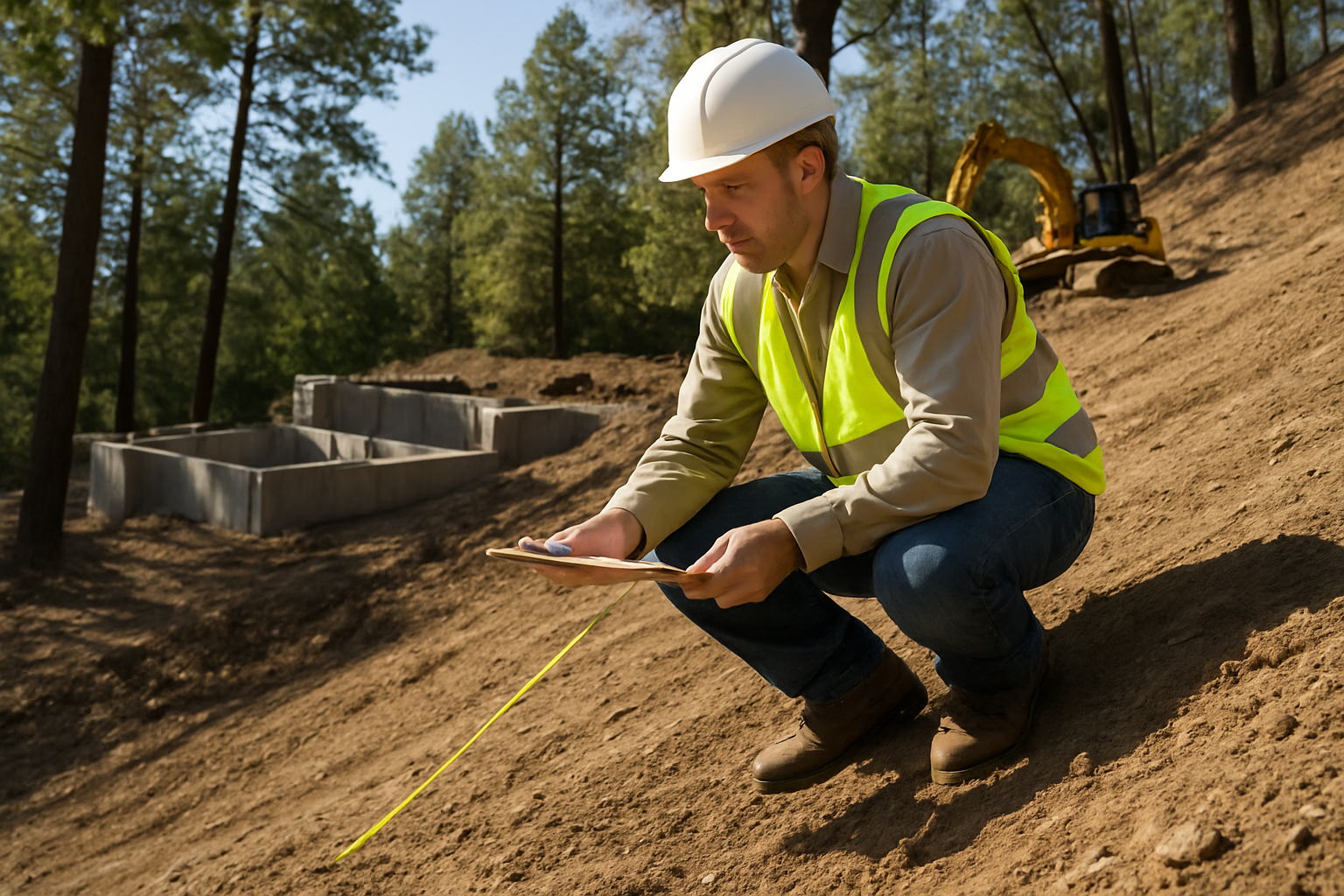Create a realistic image of a professional white male contractor or surveyor wearing a hard hat and reflective safety vest, crouching on a steep sloped residential lot while examining the terrain with measuring tools and a clipboard, with a partially built house foundation visible in the background, tall trees framing the scene, natural daylight creating clear shadows that emphasize the slope gradient, and construction equipment parked nearby on the uneven ground, absolutely NO text should be in the scene.