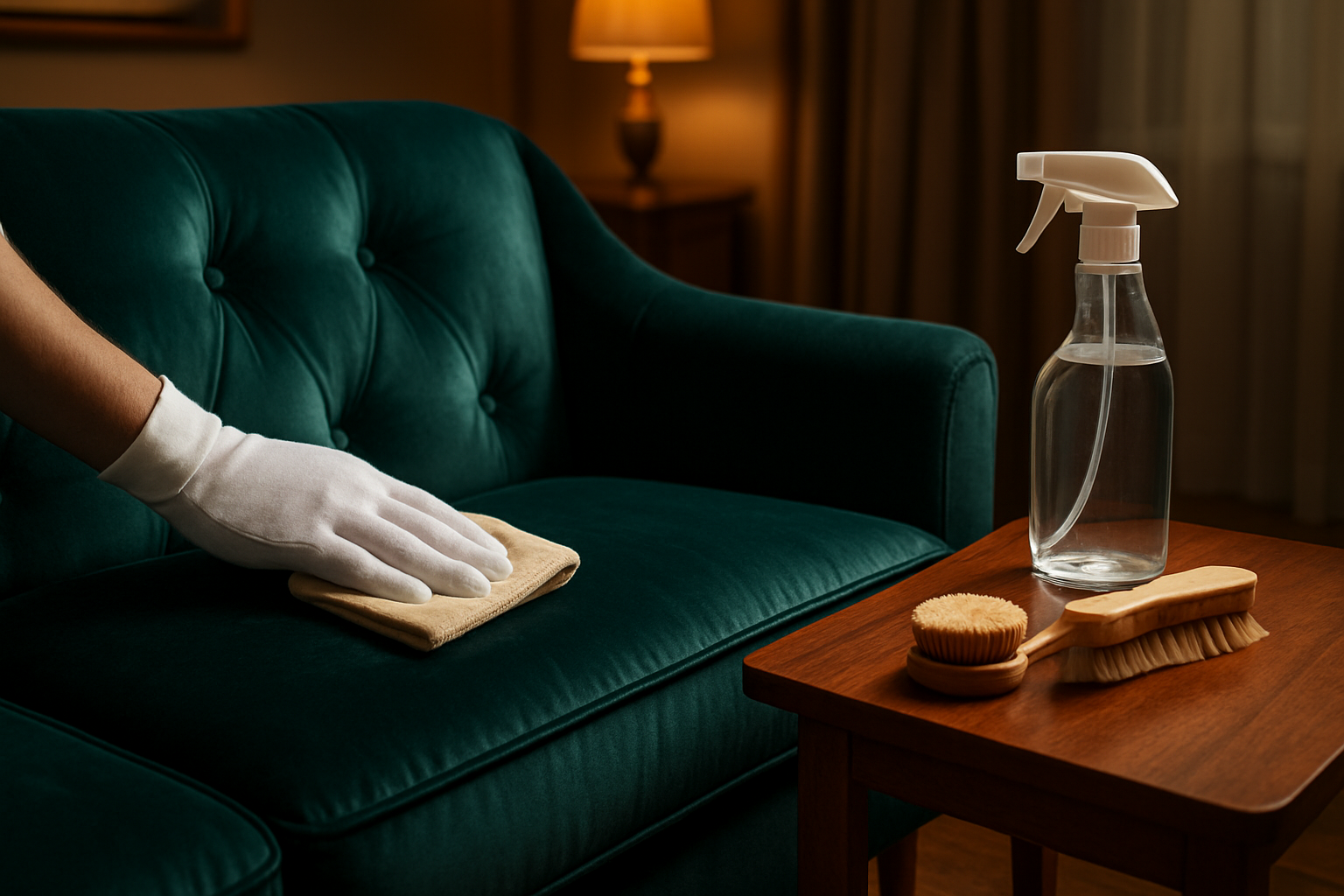 Create a realistic image of a luxurious shiny fabric sofa in rich navy blue or deep emerald color being carefully cleaned and maintained, showing hands wearing white cotton gloves gently wiping the glossy upholstery with a microfiber cloth, cleaning supplies including fabric spray bottle and soft brushes arranged neatly on a wooden side table nearby, elegant living room setting with warm ambient lighting highlighting the lustrous sheen of the fabric, professional care products visible but subtle, peaceful domestic atmosphere emphasizing proper furniture maintenance, absolutely NO text should be in the scene.