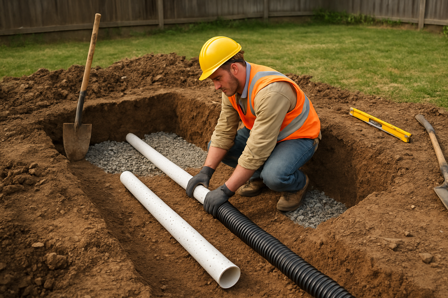 Create a realistic image of an outdoor construction scene showing the installation of an underground drainage system for a dog potty area, featuring a rectangular 5x8 foot excavated area with exposed soil, perforated drainage pipes being laid in trenches, gravel bedding material scattered around the dig site, a white male construction worker in work clothes and safety gear installing the drainage components, construction tools like shovels and a level nearby, natural outdoor lighting during daytime, residential backyard setting with grass and fence visible in background, focused on the technical aspects of the underground plumbing work in progress, absolutely NO text should be in the scene.