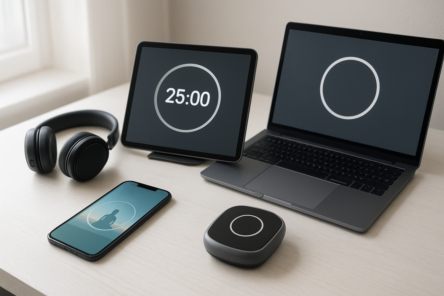 Create a realistic image of a modern desk setup featuring multiple focus-enhancing technology tools including a smartphone displaying a meditation app interface, a tablet showing a productivity timer, wireless noise-canceling headphones, a laptop with a distraction-blocking application visible on screen, and a sleek digital focus timer device, all arranged on a clean white wooden desk surface with soft natural lighting from a nearby window, creating a calm and organized workspace atmosphere that promotes concentration, absolutely NO text should be in the scene.
