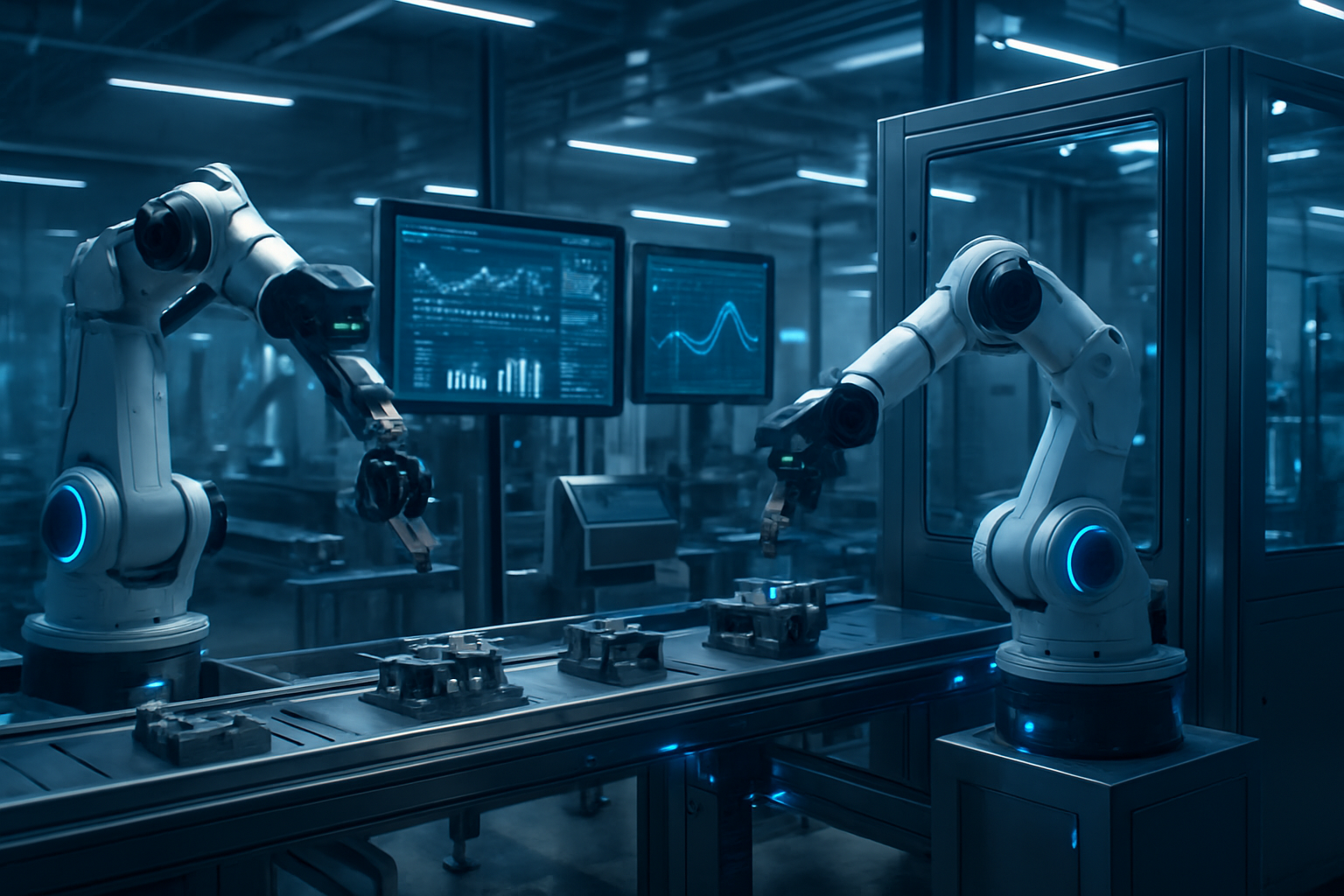 Create a realistic image of a modern manufacturing facility showcasing AI technology integration, featuring robotic arms with sensors and cameras working on an assembly line, digital screens displaying data analytics and predictive algorithms, automated machinery with glowing blue LED indicators, a clean industrial environment with metallic surfaces and glass panels, soft ambient lighting with blue technological highlights, conveying an atmosphere of innovation and advanced automation, absolutely NO text should be in the scene.