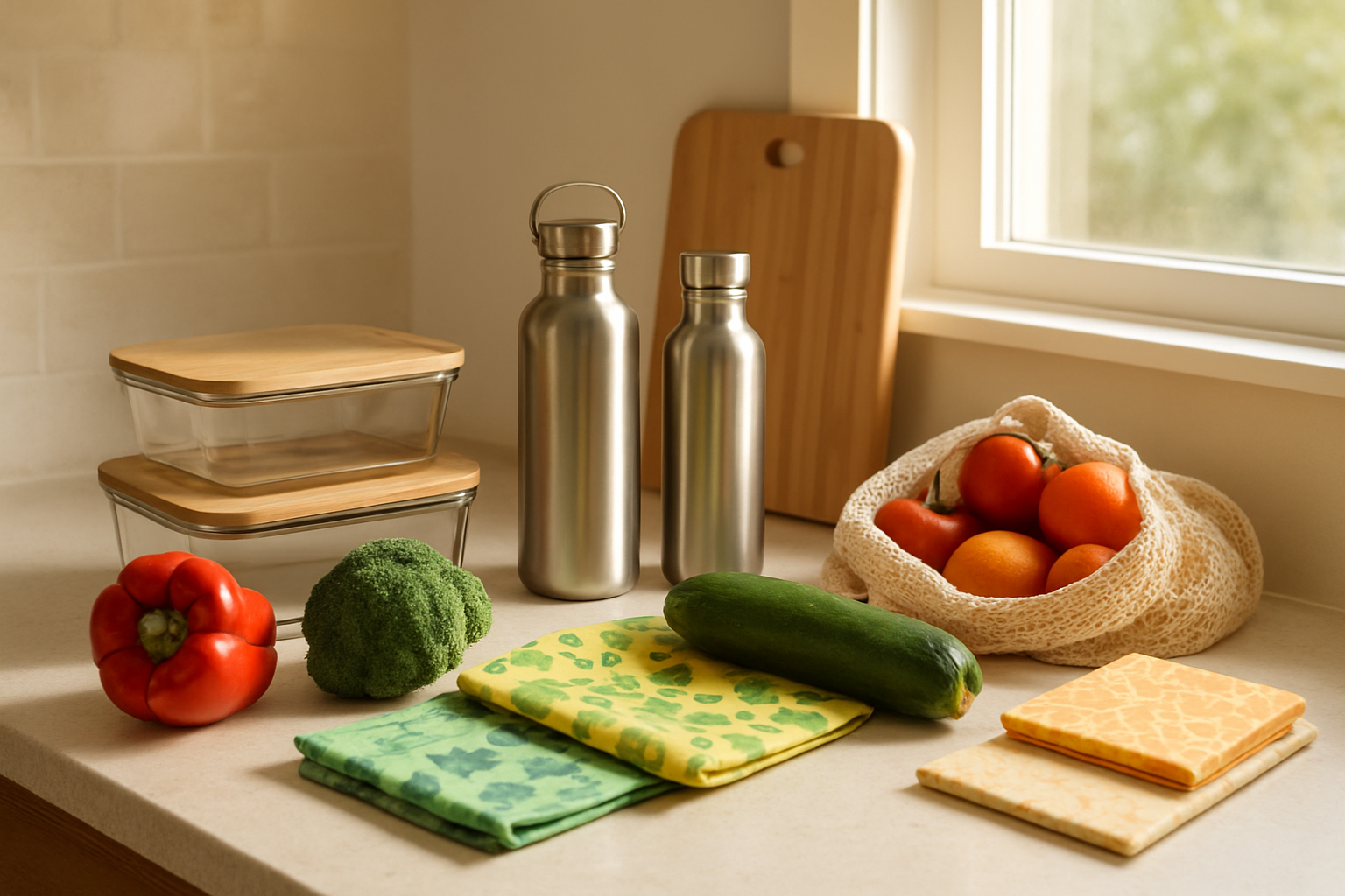 Create a realistic image of a modern kitchen counter showcasing various sustainable food and kitchen products including glass food storage containers, bamboo cutting boards, reusable silicone food wraps, stainless steel water bottles, mesh produce bags, and beeswax wraps neatly arranged alongside fresh vegetables and fruits, with warm natural lighting streaming through a window in the background creating a clean and eco-friendly atmosphere, absolutely NO text should be in the scene.