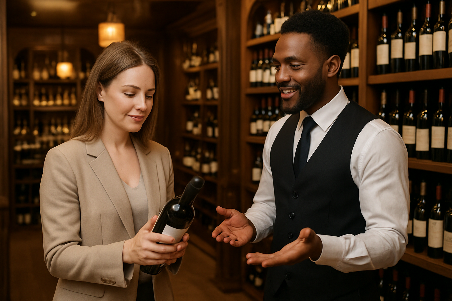 Create a realistic image of a confident white female customer standing in an upscale wine shop, examining a wine bottle while a friendly black male sommelier in professional attire gestures toward wine shelves filled with various bottles, warm ambient lighting creates an inviting atmosphere with wooden wine racks and elegant displays in the background, the scene conveys guidance and expertise being shared in a sophisticated retail environment, absolutely NO text should be in the scene.