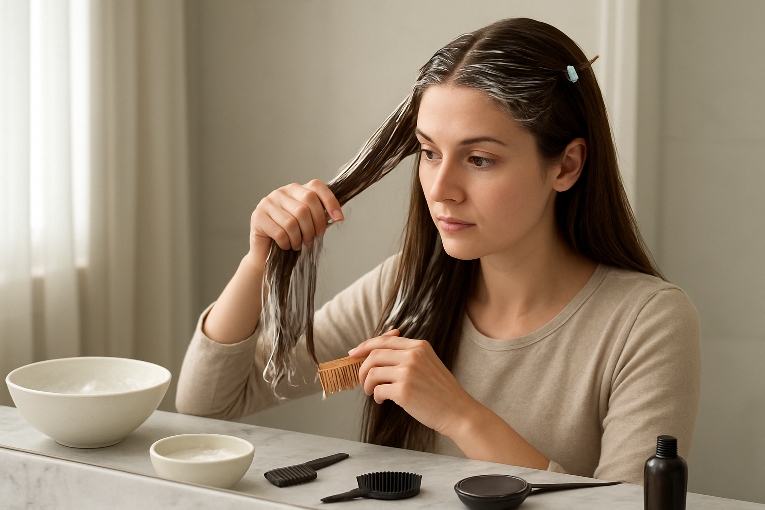 Create a realistic image of a white female with long brown hair sitting in front of a modern bathroom mirror, applying a creamy hair mask from roots to tips using a wide-tooth comb and her hands, with various hair care products and tools neatly arranged on the marble countertop including bowls, brushes, and applicator combs, soft natural lighting from a window creating a clean spa-like atmosphere, showing proper sectioning technique with hair clips separating different sections, absolutely NO text should be in the scene.