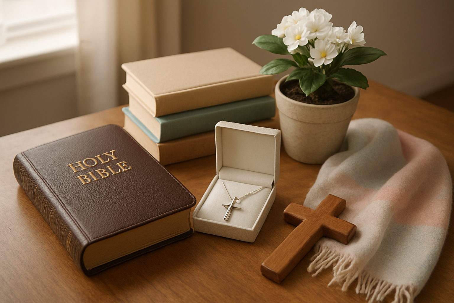 Create a realistic image of a beautifully arranged collection of faith-based Mother's Day gifts displayed on a wooden table, including an elegant leather-bound Bible with gold lettering, a delicate silver cross necklace in an open jewelry box, a small potted flowering plant with white blooms, inspirational Christian books stacked neatly, a handcrafted wooden prayer cross, and a soft pastel-colored prayer shawl draped gracefully nearby, all arranged against a soft natural lighting from a nearby window creating a warm, peaceful, and uplifting atmosphere in a cozy home setting, absolutely NO text should be in the scene.