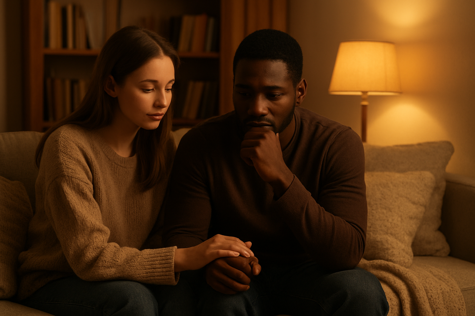 Create a realistic image of a young white female and black male couple sitting together on a couch in a cozy living room, with the woman gently holding the man's hand while he looks thoughtful, warm golden lighting from a nearby lamp creating an intimate atmosphere, soft textures like throw pillows and blankets around them, a peaceful domestic setting with bookshelves in the background, conveying a moment of understanding and emotional connection between two people making a difficult decision together, absolutely NO text should be in the scene.