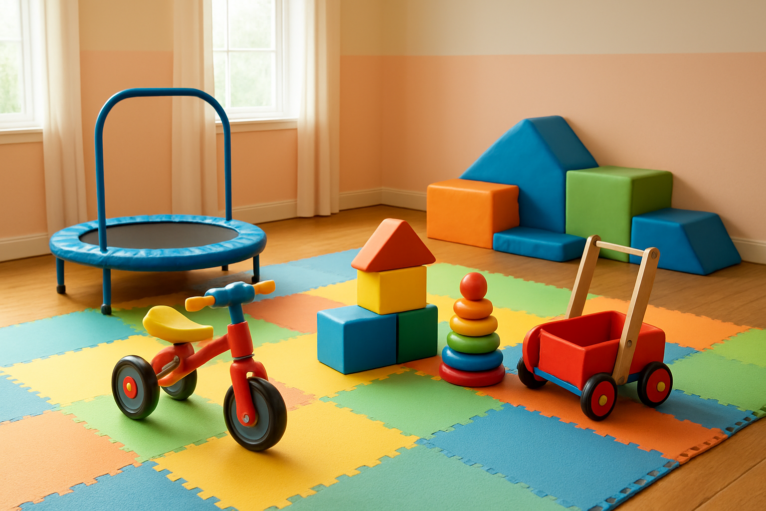 Create a realistic image of colorful toddler active play toys arranged on a soft play mat, including a small balance bike, foam building blocks, a mini trampoline with safety handles, stacking rings, a push-and-pull wagon, and soft climbing cushions, set in a bright and cheerful indoor playroom with natural lighting streaming through windows, featuring warm wooden floors and pastel-colored walls, creating an inviting and energetic atmosphere that promotes physical development and movement for young children, absolutely NO text should be in the scene.