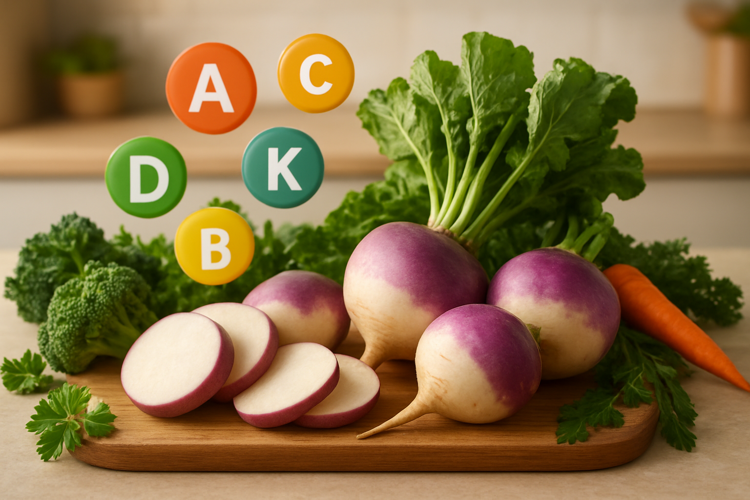 Create a realistic image of fresh whole turnips with their green leafy tops alongside sliced turnip pieces arranged on a wooden cutting board, surrounded by colorful nutritional elements like vitamin icons, fresh herbs, and other healthy vegetables in soft natural lighting, set against a clean kitchen counter background with warm ambient lighting that emphasizes the wholesome and nutritious qualities of the vegetables, absolutely NO text should be in the scene.