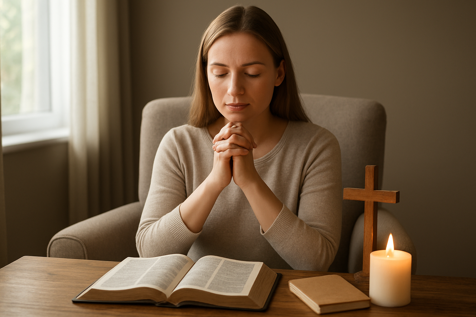 Create a realistic image of a peaceful white female sitting in a comfortable chair with her hands clasped in prayer position, surrounded by meaningful spiritual objects including an open Bible, a wooden cross, a lit candle, and a simple journal on a wooden table, with soft natural lighting streaming through a window creating a serene and contemplative atmosphere that conveys spiritual reflection and prioritizing faith values, absolutely NO text should be in the scene.