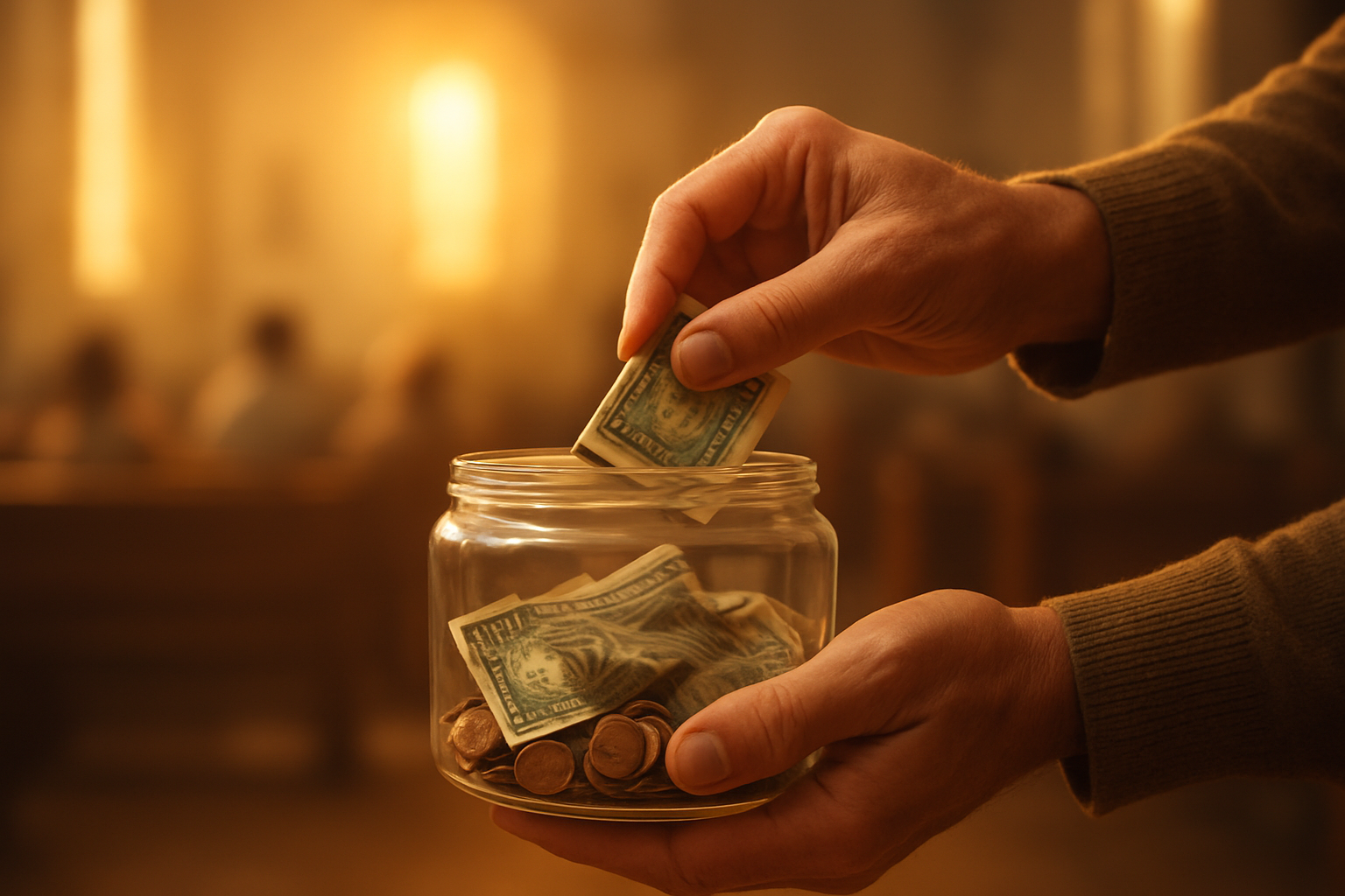 Create a realistic image of hands placing money into a donation box or charity container, with coins and bills visible, surrounded by warm golden lighting that suggests hope and compassion, set against a soft blurred background of a community setting like a church or charitable organization, conveying a sense of generosity and meaningful giving, with the scene capturing the moment of charitable donation in a peaceful, uplifting atmosphere, absolutely NO text should be in the scene.