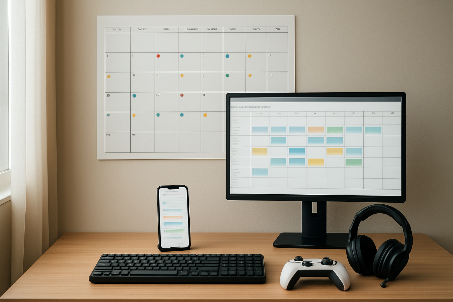 Create a realistic image of a modern desk setup with a large wall calendar showing a monthly grid with colorful pins or stickers marking scheduled days, a sleek computer monitor displaying a content calendar interface, a smartphone showing a scheduling app, a clean workspace with a mechanical keyboard, gaming headphones hanging on a stand, and a few gaming controllers arranged neatly, all set in a well-lit home office with soft natural lighting from a window, conveying organization and planning for content creation, absolutely NO text should be in the scene.