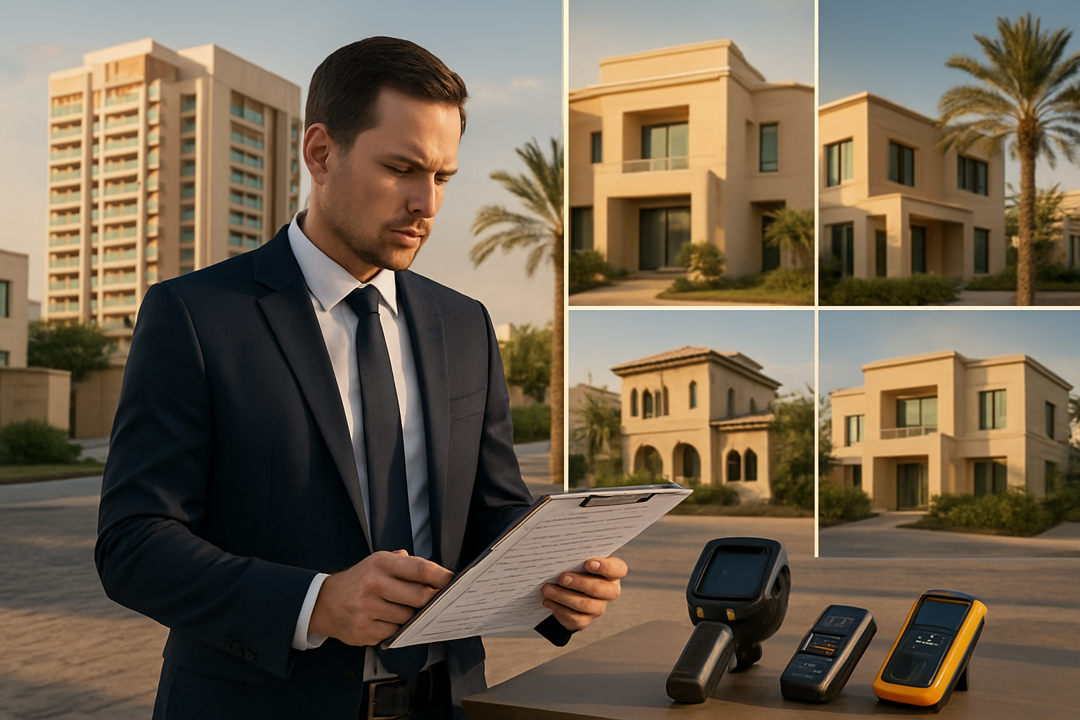 Create a realistic image of a professional white male home inspector in business attire examining a detailed inspection checklist while standing in front of a modern UAE villa, with a split-screen composition showing different types of properties including apartments and traditional houses in various Emirates locations, featuring inspection tools like thermal cameras and moisture meters laid out on a table, set during golden hour lighting with palm trees and contemporary Middle Eastern architecture in the background, conveying a comparative analysis mood through organized documentation and multiple property types visible in the scene, absolutely NO text should be in the scene.