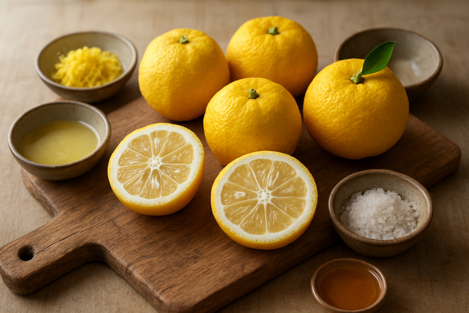 Create a realistic image of fresh whole yuzu fruits and halved yuzu showing the segmented interior arranged on a rustic wooden cutting board, surrounded by small bowls containing yuzu zest, yuzu juice, and yuzu-infused culinary items like salt and honey, with soft natural lighting casting gentle shadows, creating a warm and inviting kitchen atmosphere that showcases the versatility and culinary potential of yuzu citrus, absolutely NO text should be in the scene.